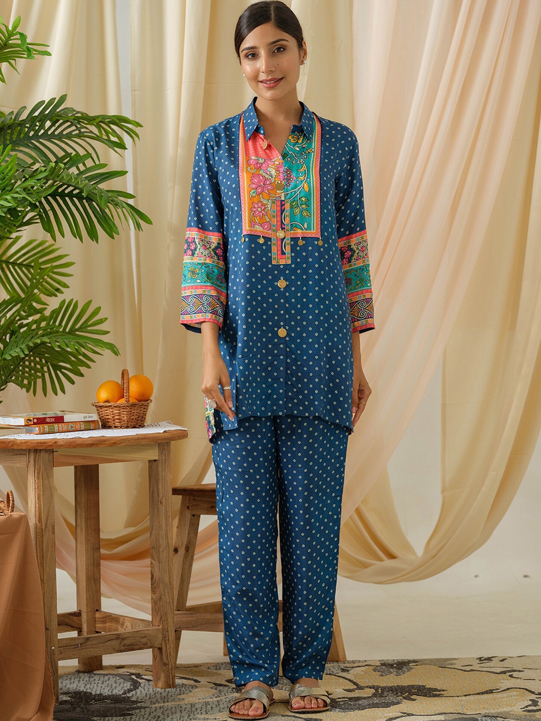 

Indo Era Embroidered Shirt Collar Top & Trousers, Blue