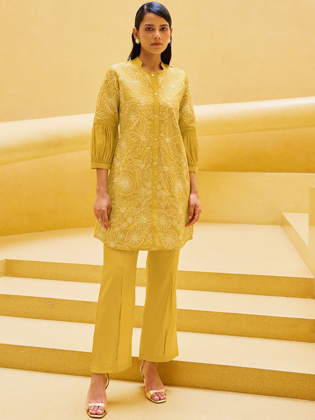 

Indo Era Floral Embroidered Kurta With Trouser, Yellow