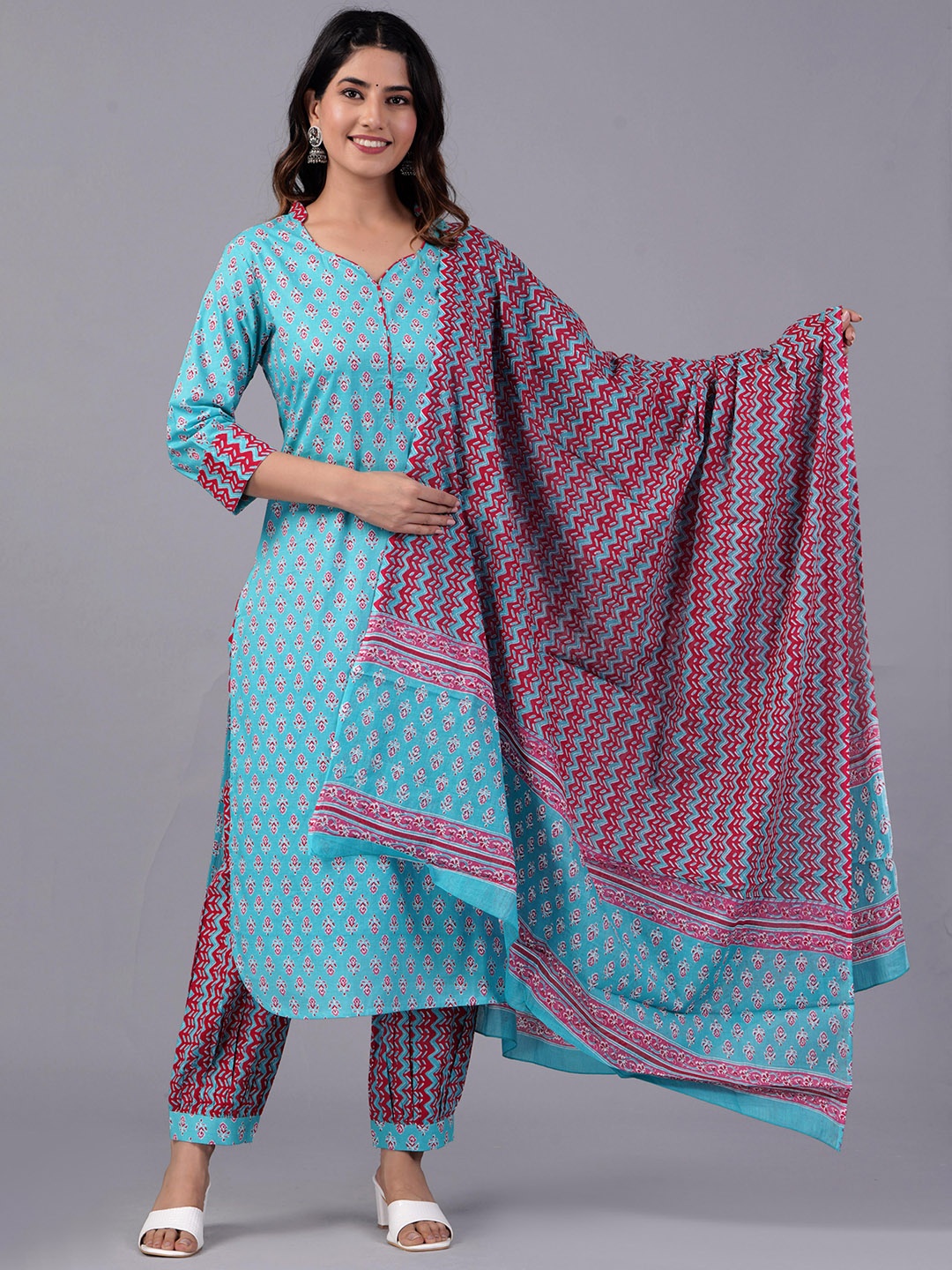 

KALINI Ethnic Motifs Printed Regular Pure Cotton Kurta with Salwar & Dupatta, Turquoise blue