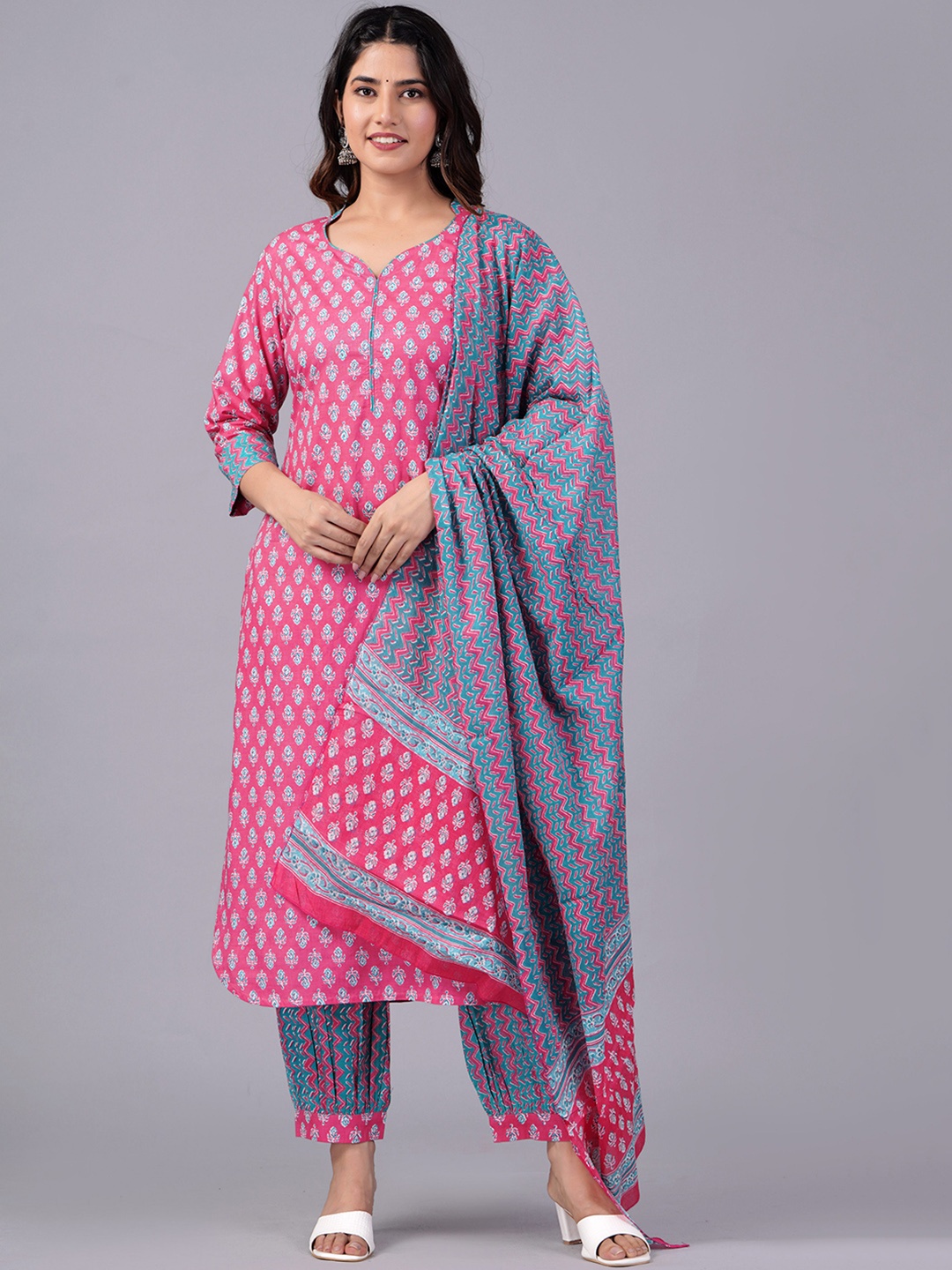 

KALINI Ethnic Motifs Printed Regular Pure Cotton Kurta With Salwar & Dupatta, Pink