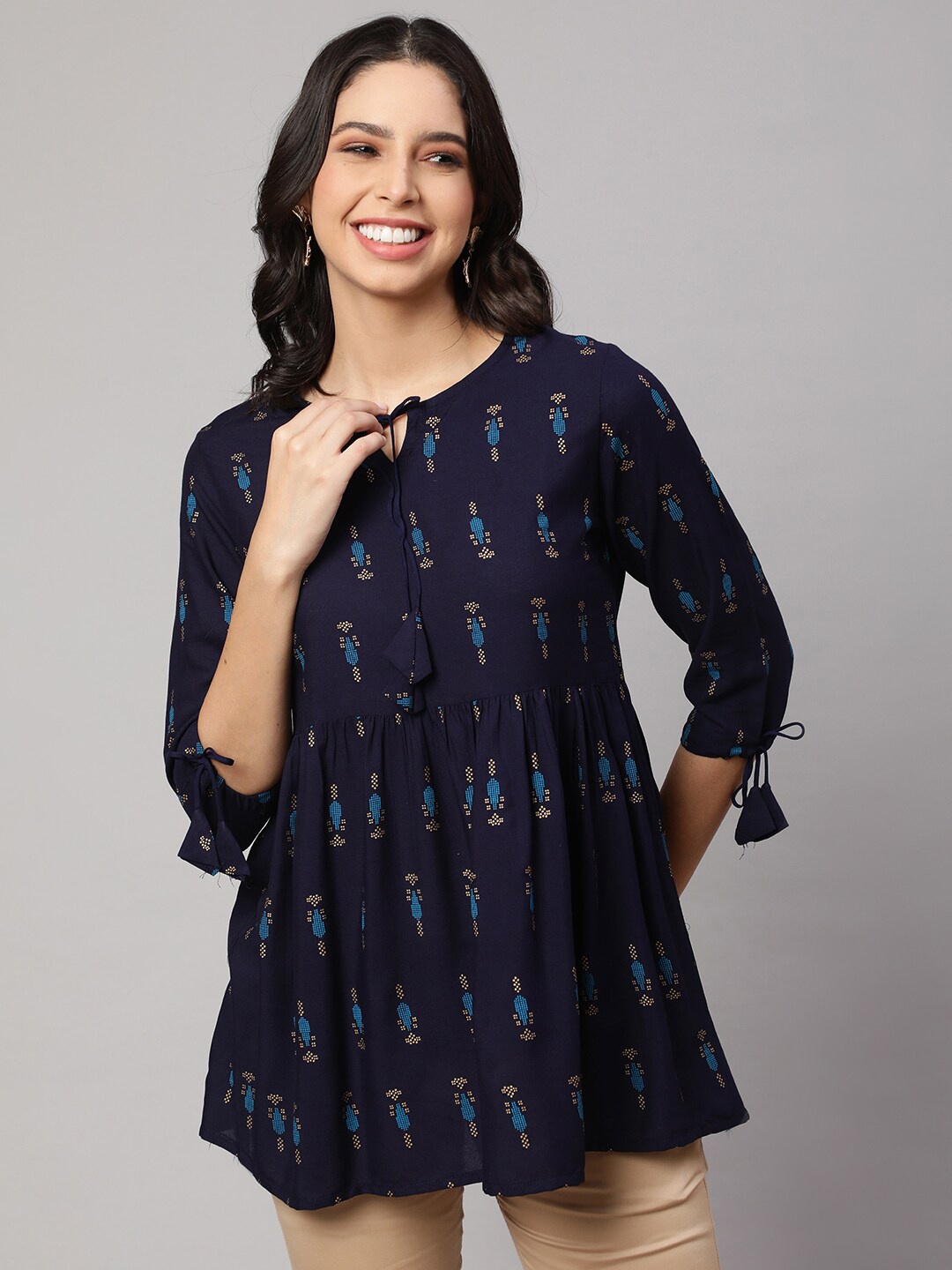 

SAK JAIPUR Ethnic Motifs Printed A-Line Kurti, Blue