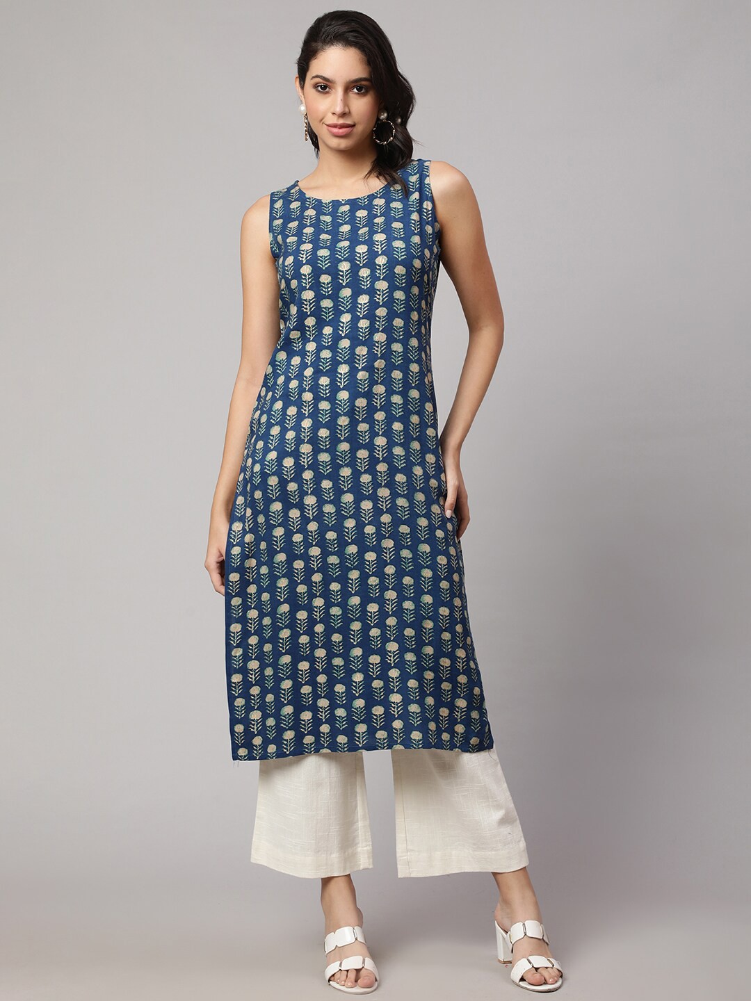

SAK JAIPUR Floral Printed Round Neck Sleeveless Straight Kurta, Blue