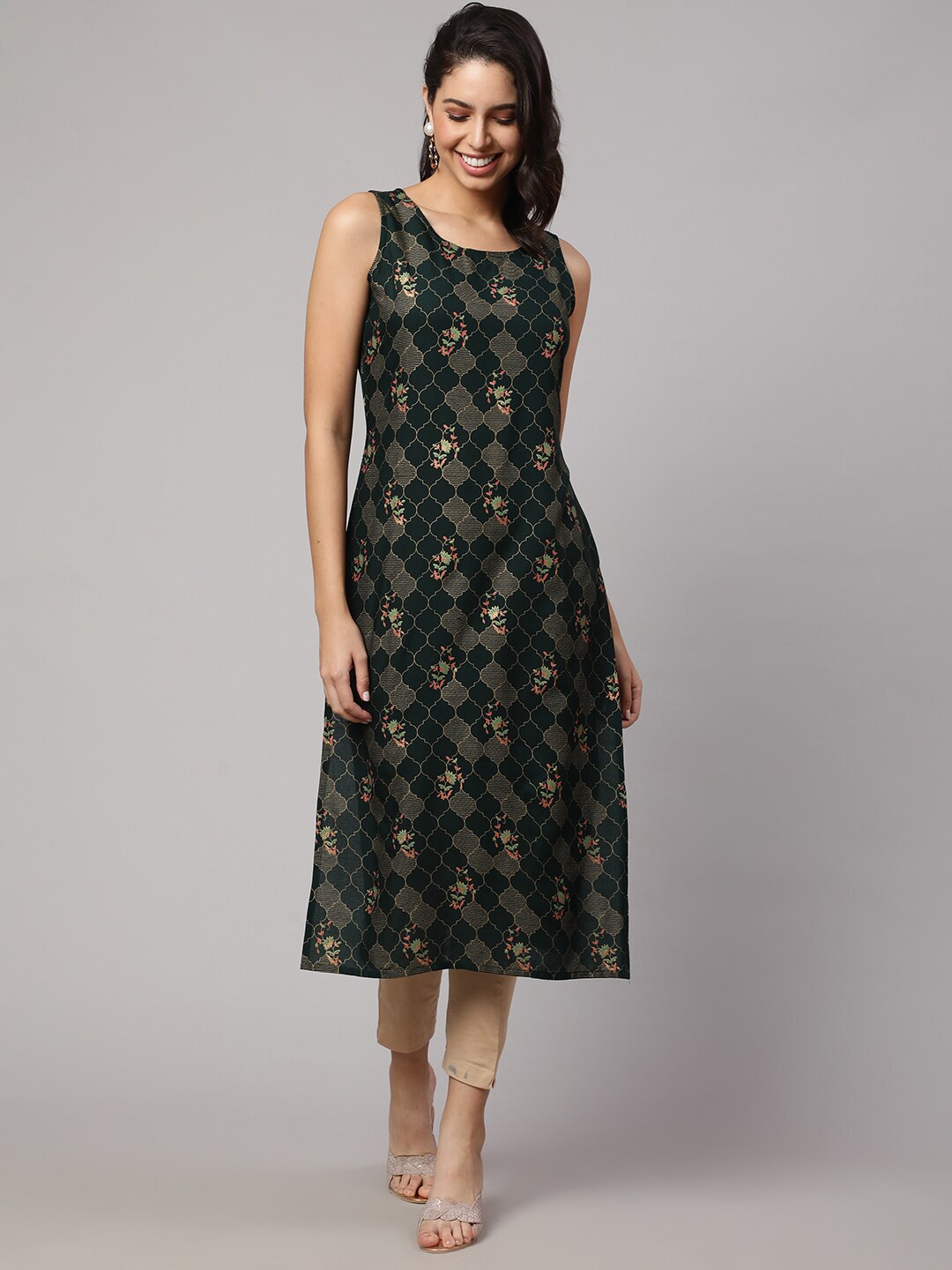 

SAK JAIPUR Ethnic Motifs Printed Straight Kurta, Green