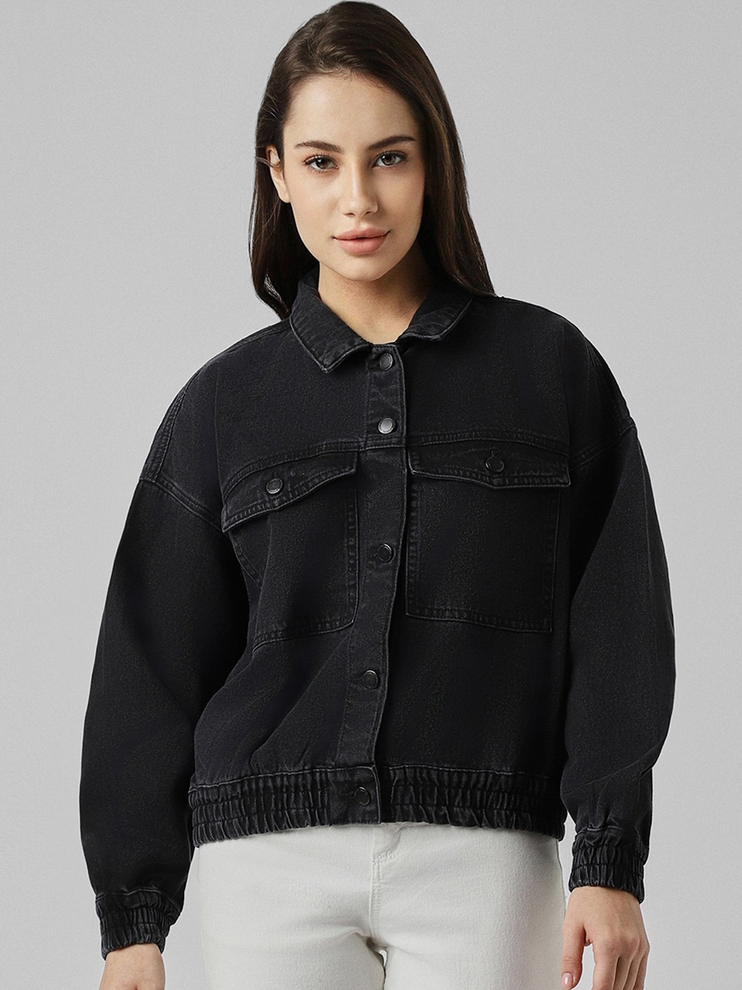 

Van Heusen Woman Spread Collar Cuffed Hem Pure Cotton Denim Jacket, Black