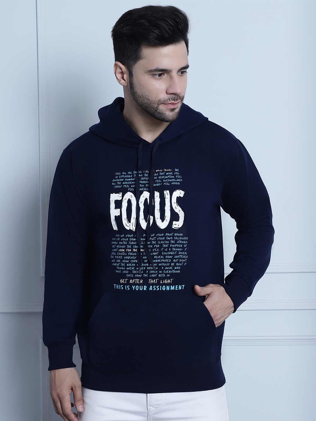 

VIMAL JONNEY Typography Printed Hooded Fleece Pullover Sweatshirt, Navy blue