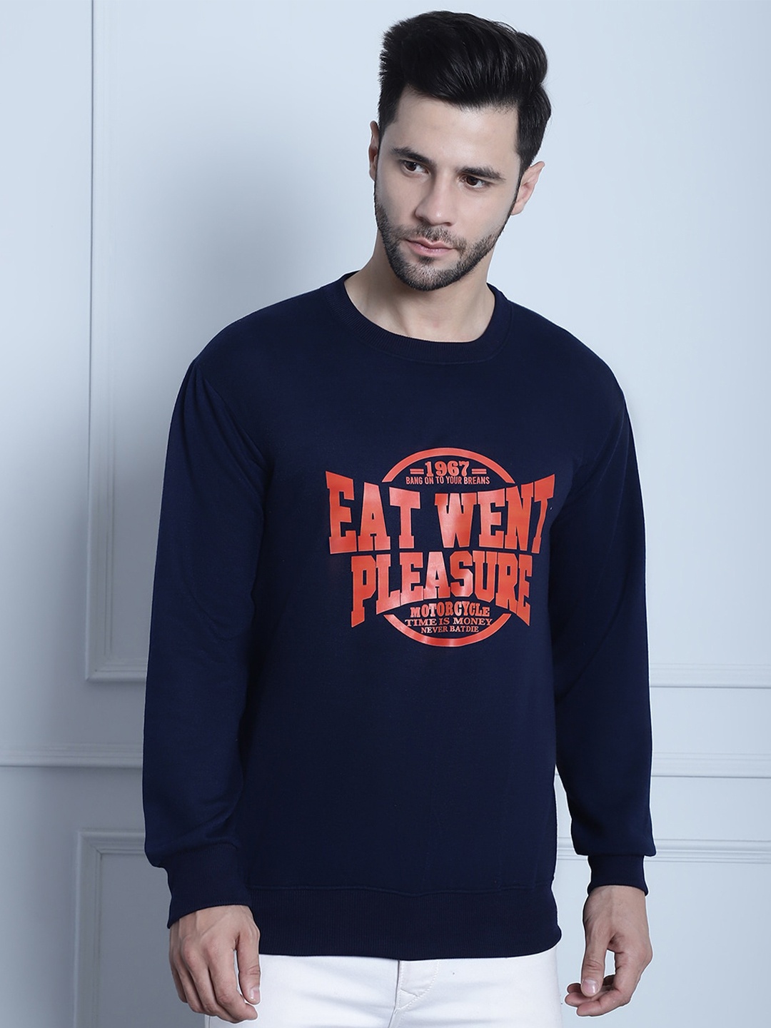 

VIMAL JONNEY Typography Printed Fleece Pullover Sweatshirt, Navy blue