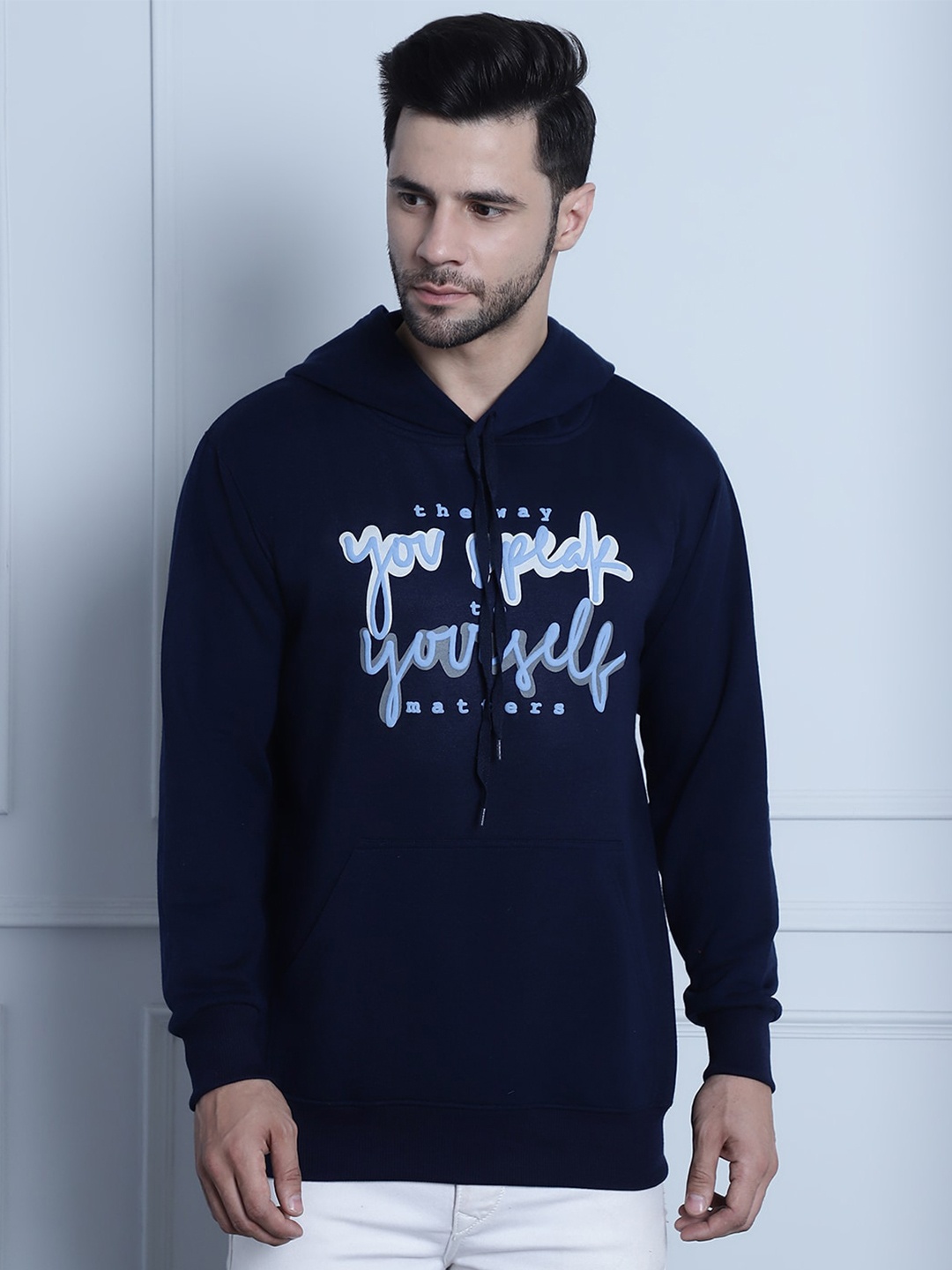 

MACK JONNEY Typography Printed Hooded Fleece Sweatshirt, Navy blue