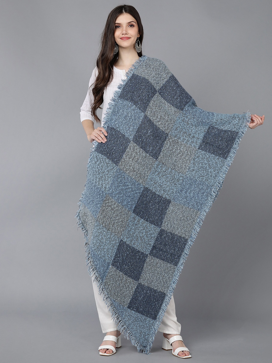 

Jayri Checked Fringed Border Stole, Blue