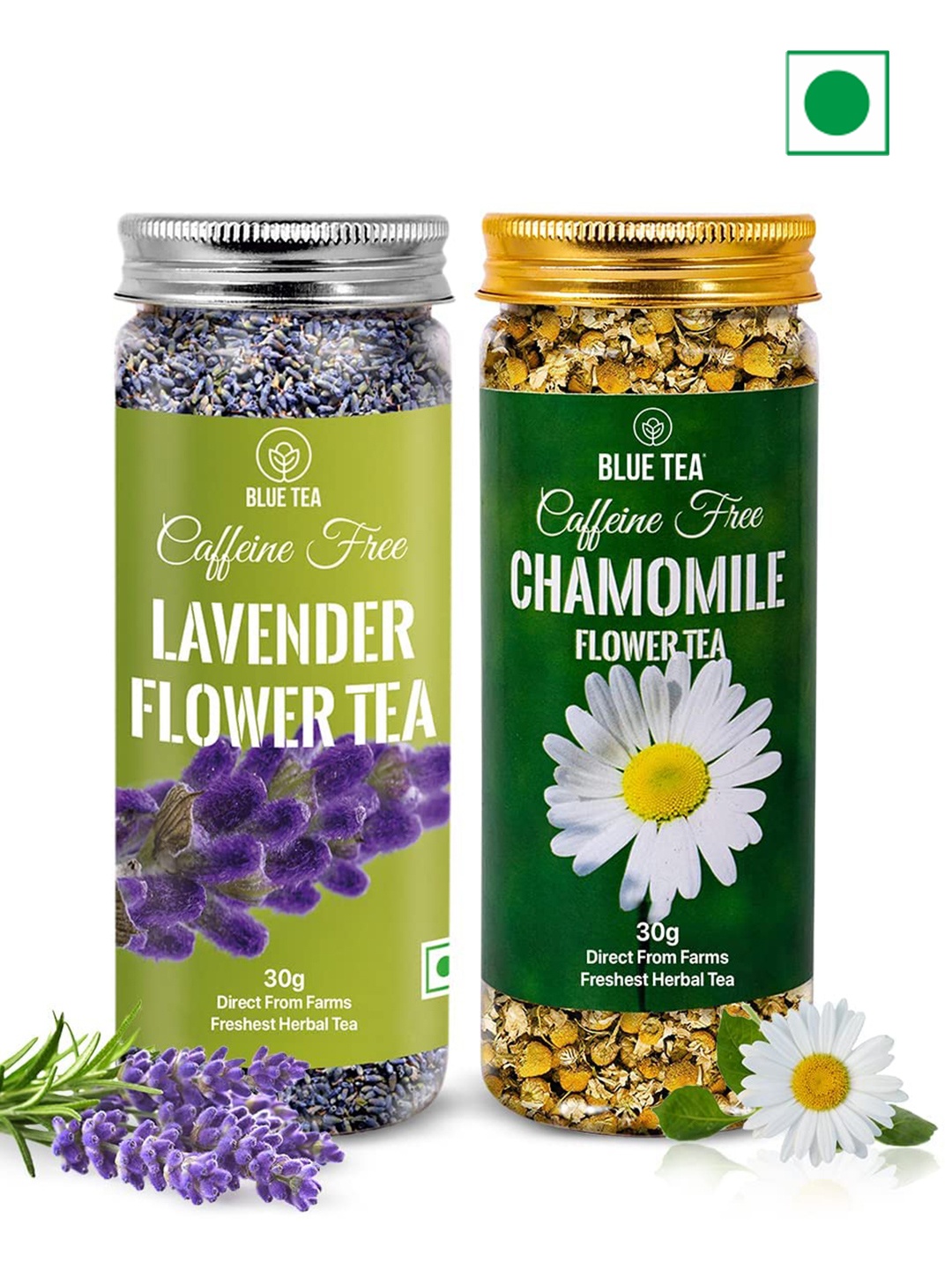 

BLUE TEA Set Of 2 Caffeine Free Chamomile Flower Tea & Lavender Flower Tea 30 g Each, Yellow