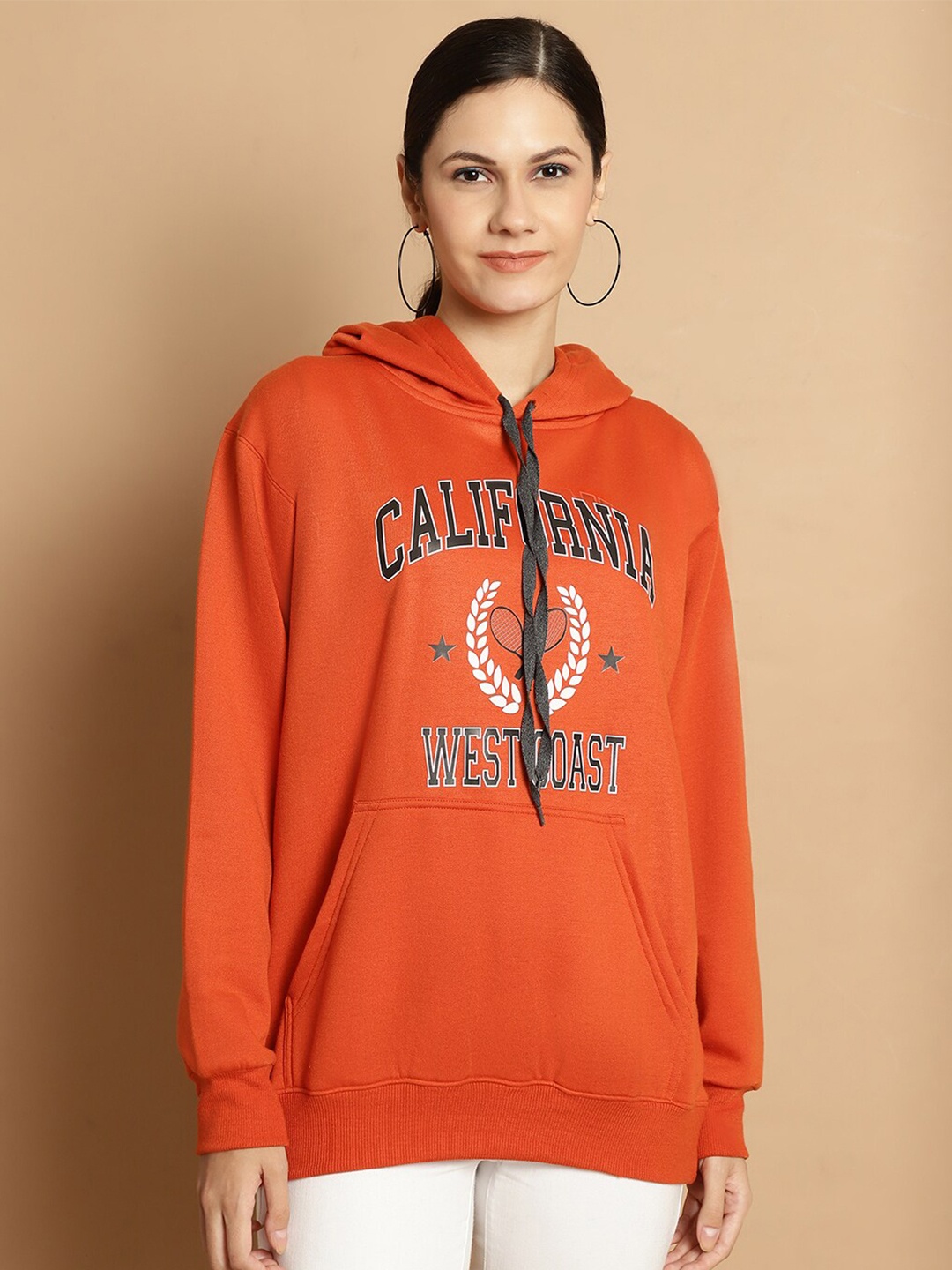 

VIMAL JONNEY Typography Printed Hooded Fleece Pullover Sweatshirt, Rust