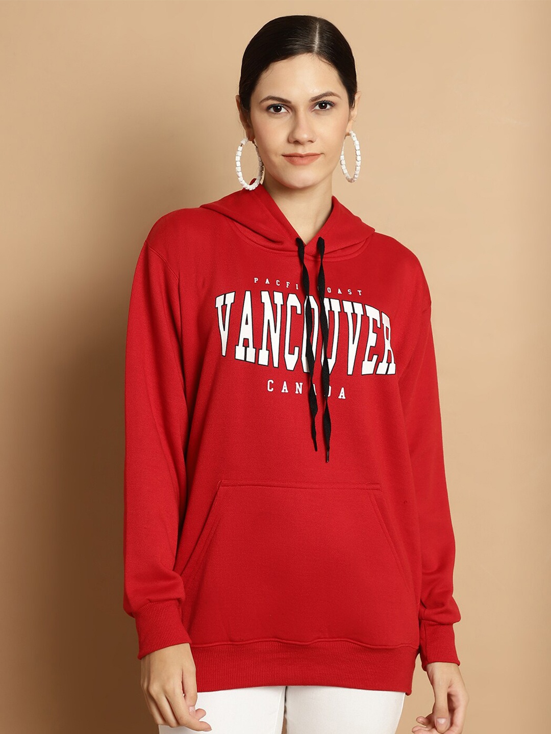 

VIMAL JONNEY Typography Printed Hooded Pullover Fleece Sweatshirt, Red