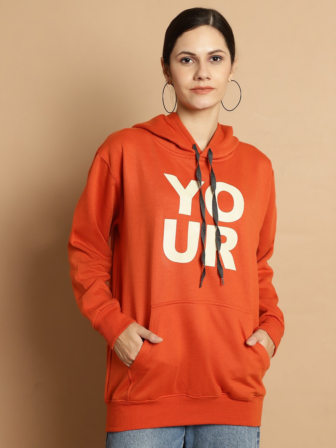 

VIMAL JONNEY Typography Printed Hooded Pullover Fleece Sweatshirt, Rust