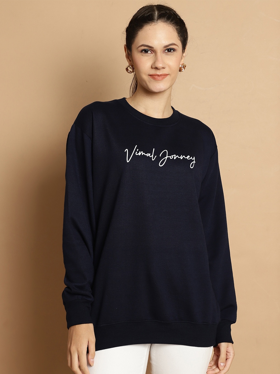 

VIMAL JONNEY Typography Printed Fleece Pullover Sweatshirt, Navy blue