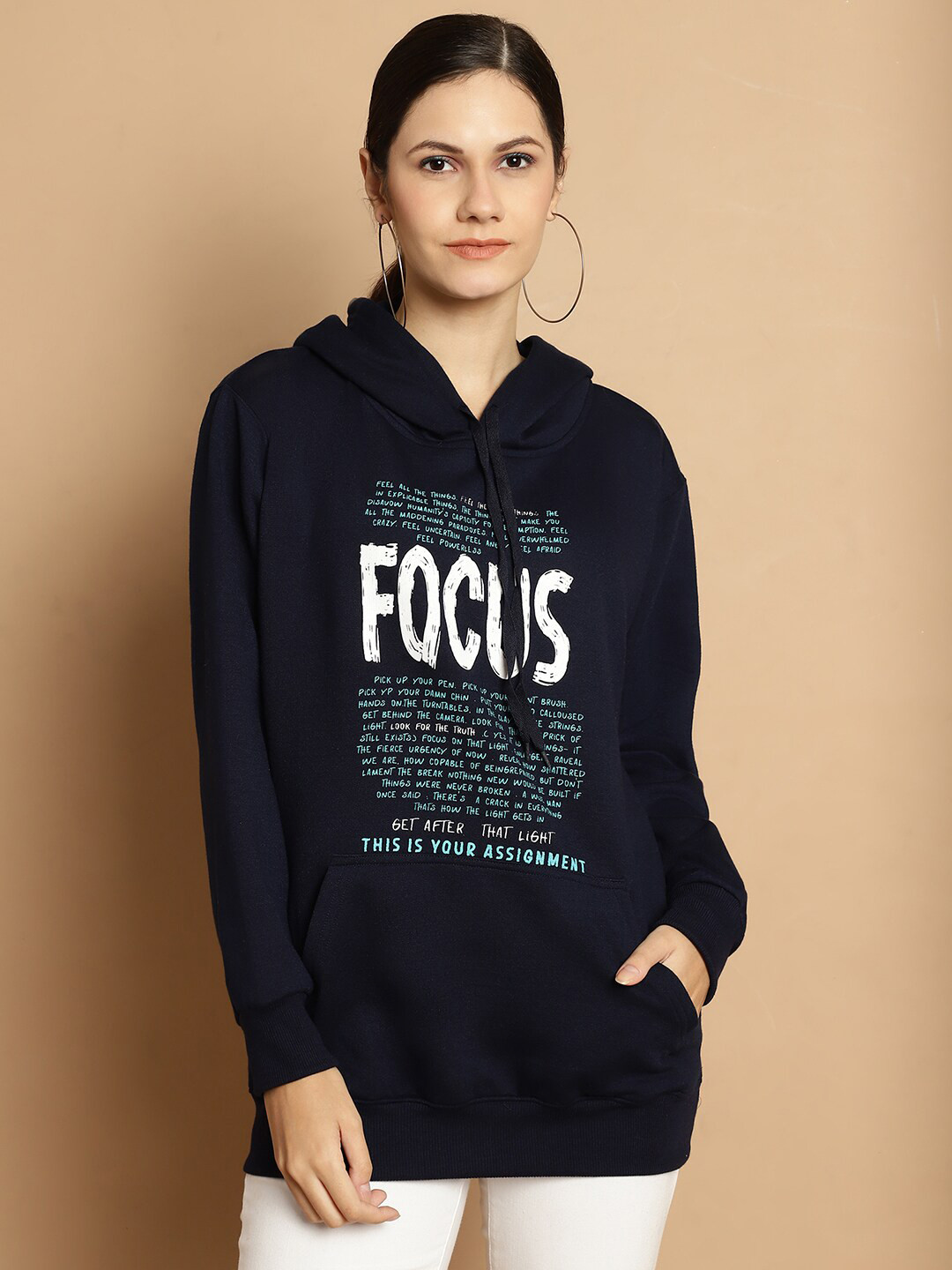 

MACK JONNEY Typography Printed Hooded Fleece Pullover Sweatshirt, Navy blue