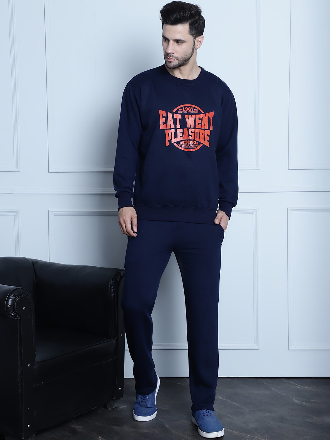 

VIMAL JONNEY Typography Printed Round Neck Sweatshirt With Trouser, Navy blue