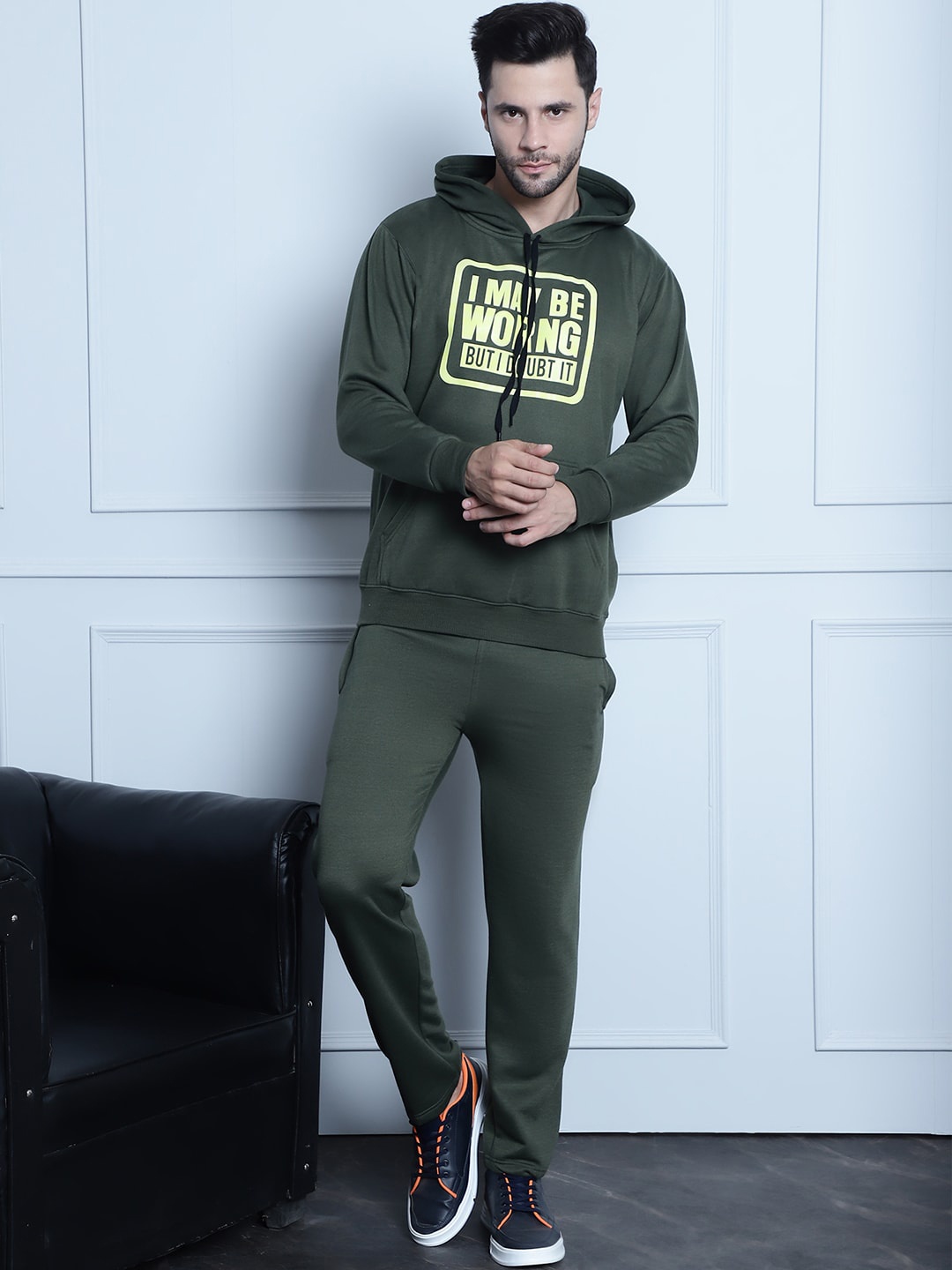 

VIMAL JONNEY Printed Hooded Fleece Sweatshirt With Trouser Co-Ords, Olive