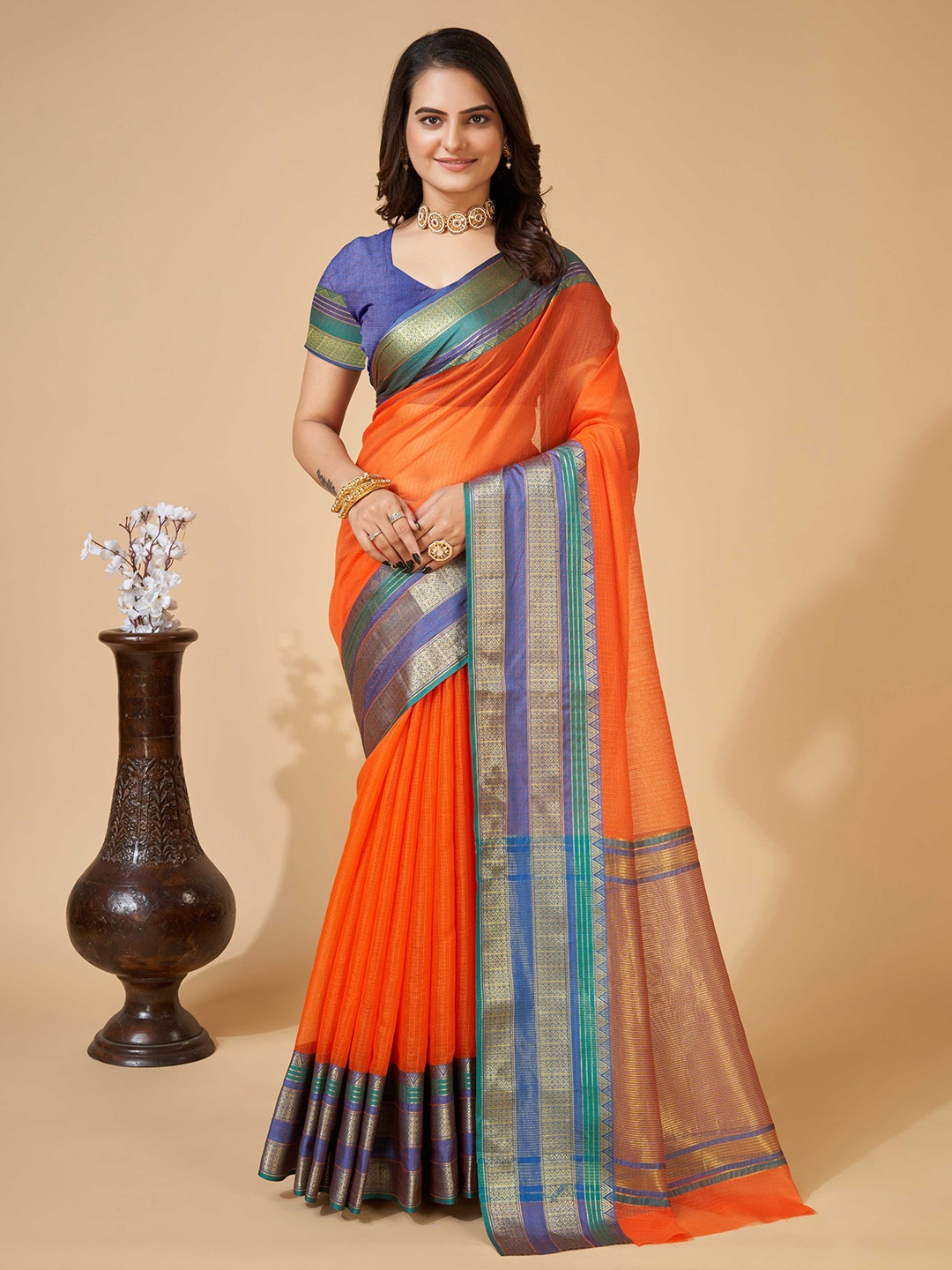 

Mitera Orange & Blue Woven Design Zari Silk Blend Saree