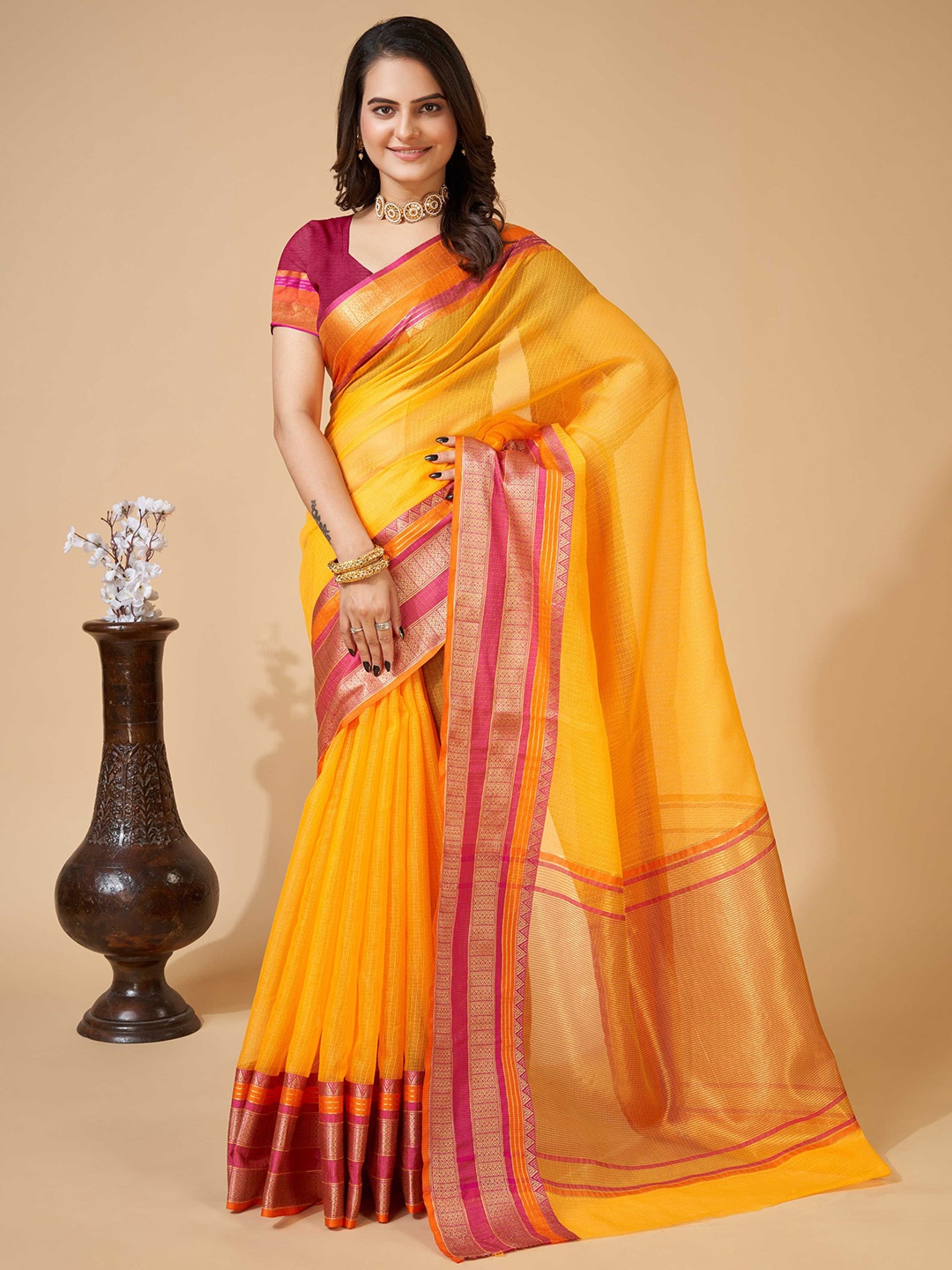 

Mitera Yellow & Pink Woven Design Checked Zari Saree