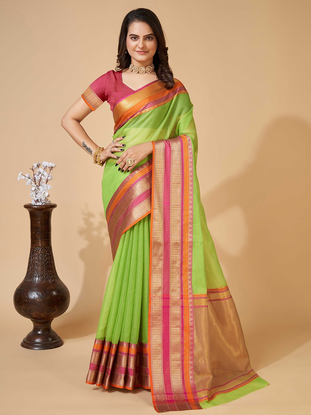 

Mitera Green & Pink Checked Zari Saree