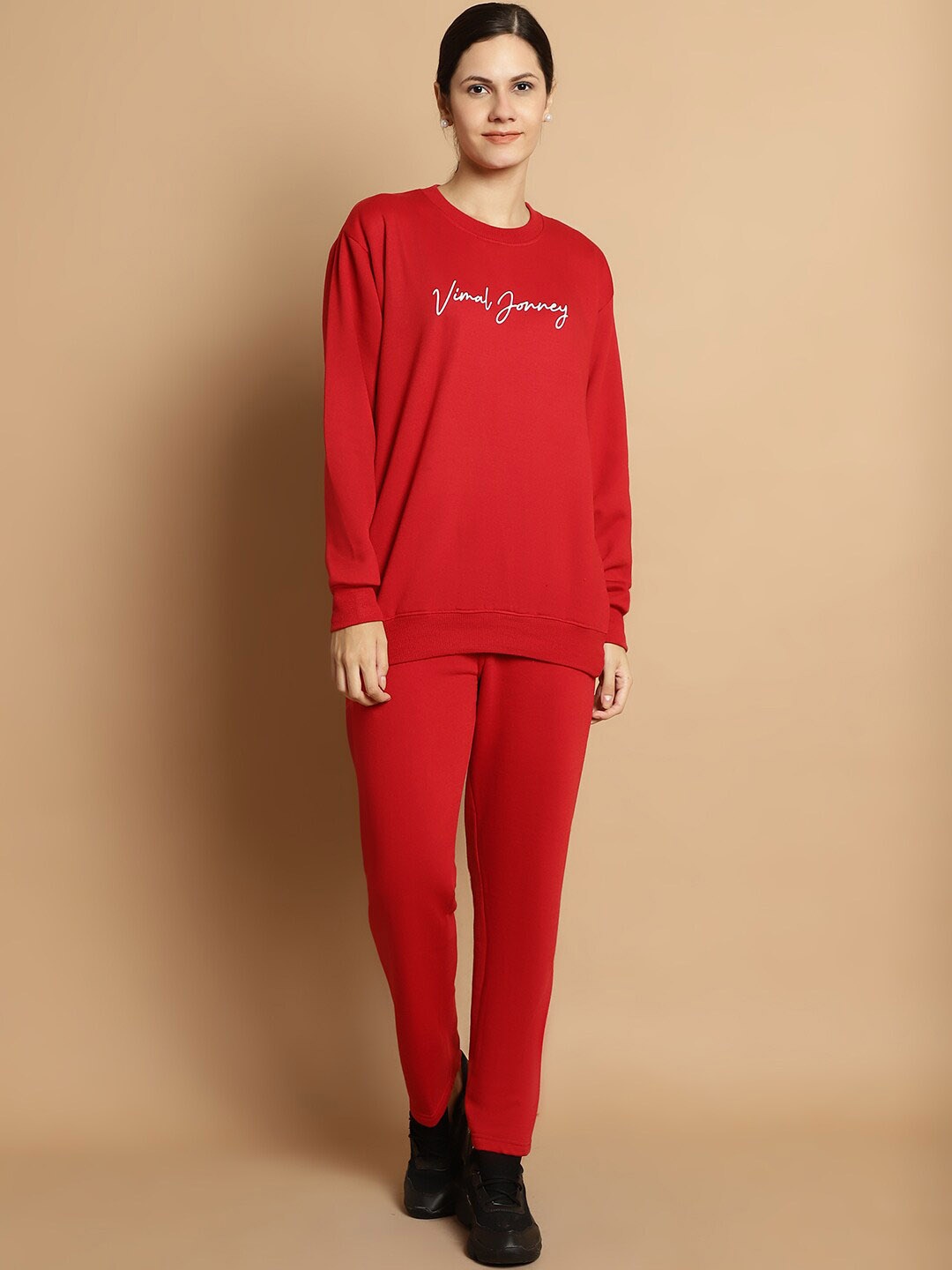 

VIMAL JONNEY Typography Printed Round Neck Sweatshirt With Trouser, Red