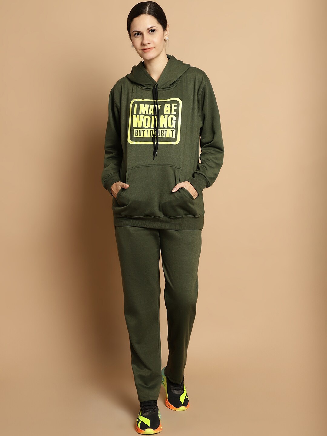 

VIMAL JONNEY Typography Printed Hooded Sweatshirt With Trouser, Olive