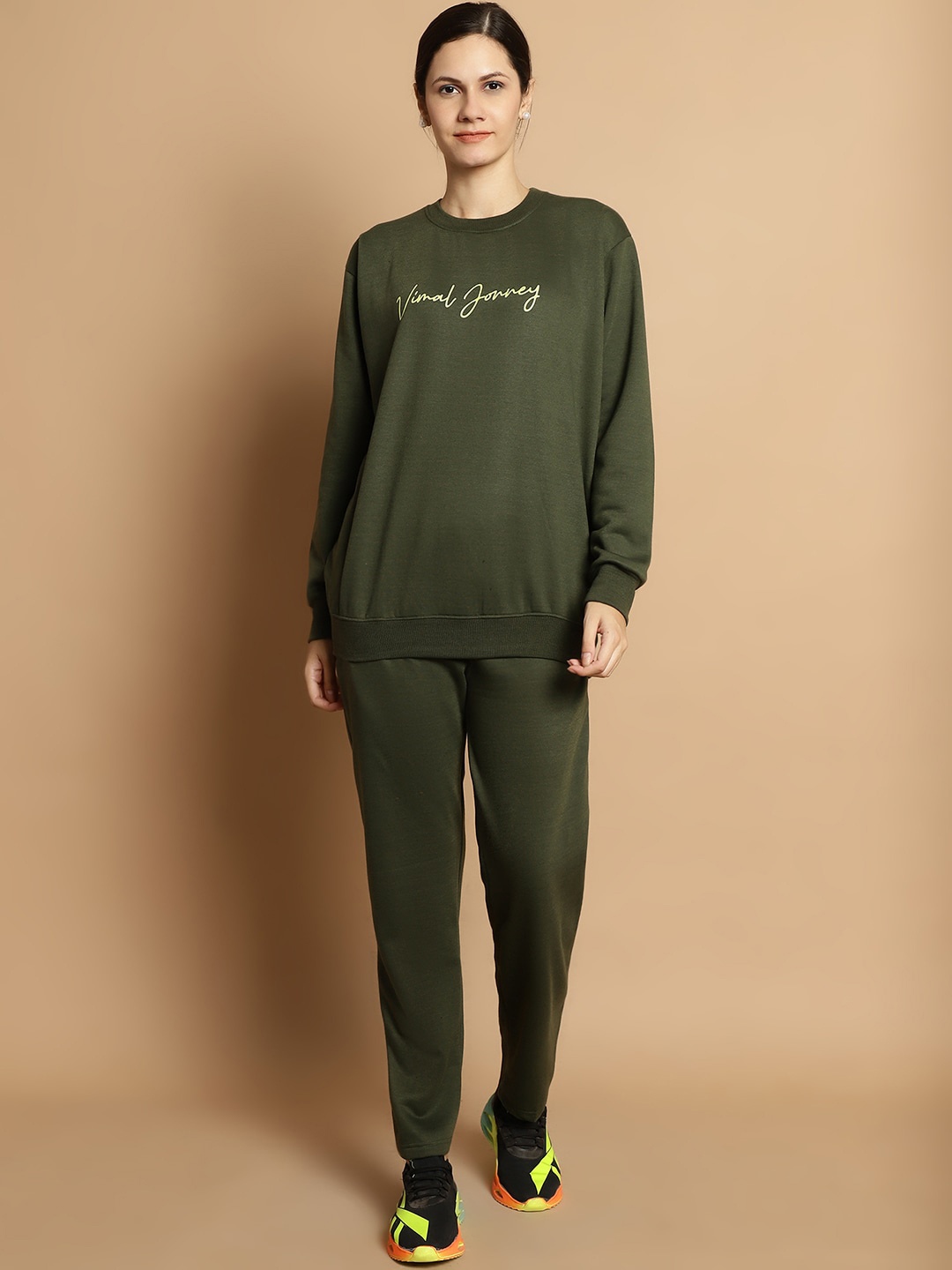 

VIMAL JONNEY Typography Printed Round-Neck Cotton Fleece Sweatshirt With Trouser, Olive