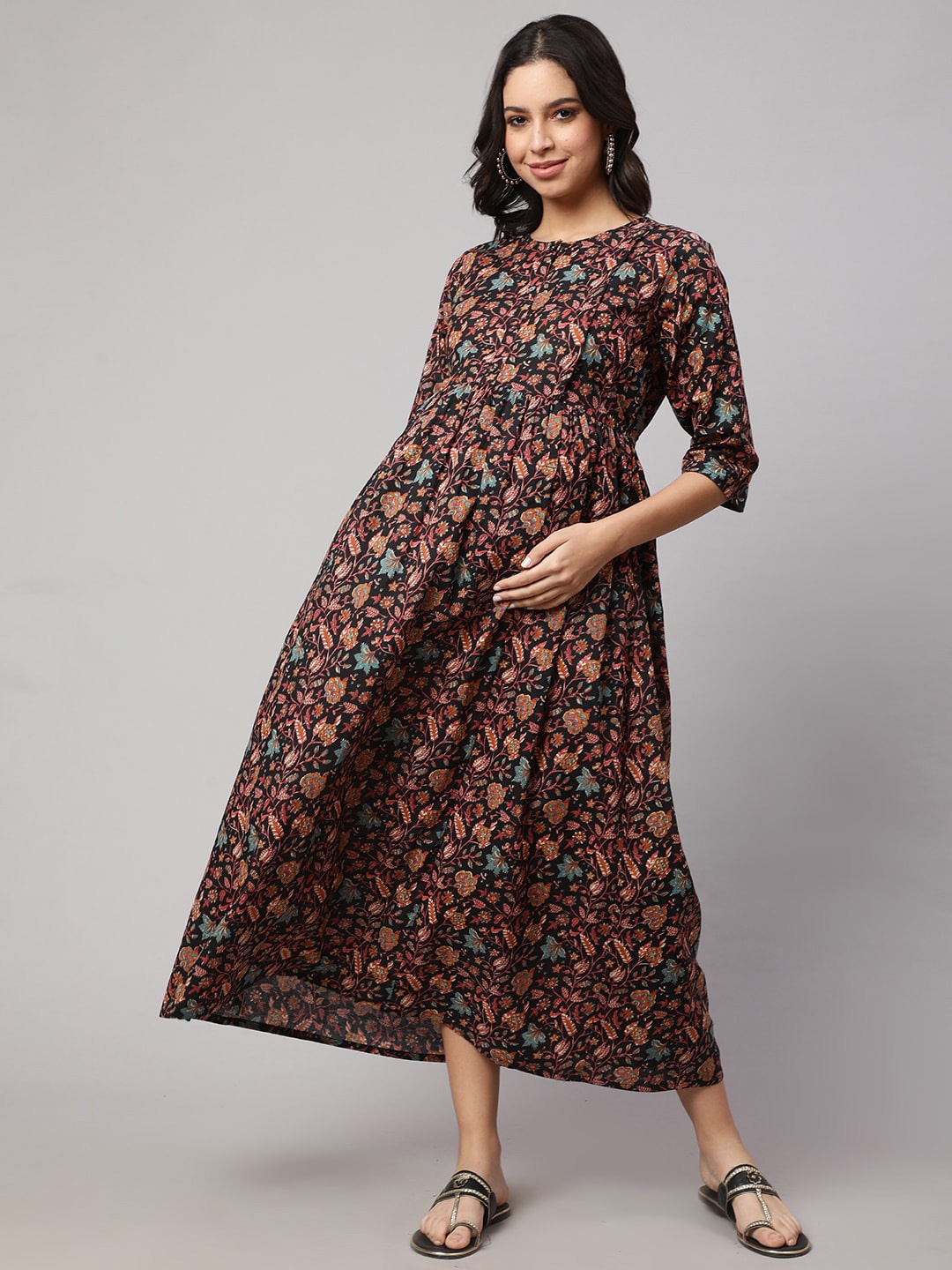 

Nayo Floral Printed Gathered Maternity Cotton Maxi Dress, Black