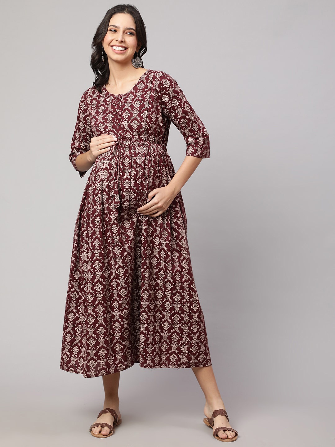 

Nayo Ethnic Motifs Printed Gathered Maternity Cotton Fit & Flare Midi Dress, Maroon