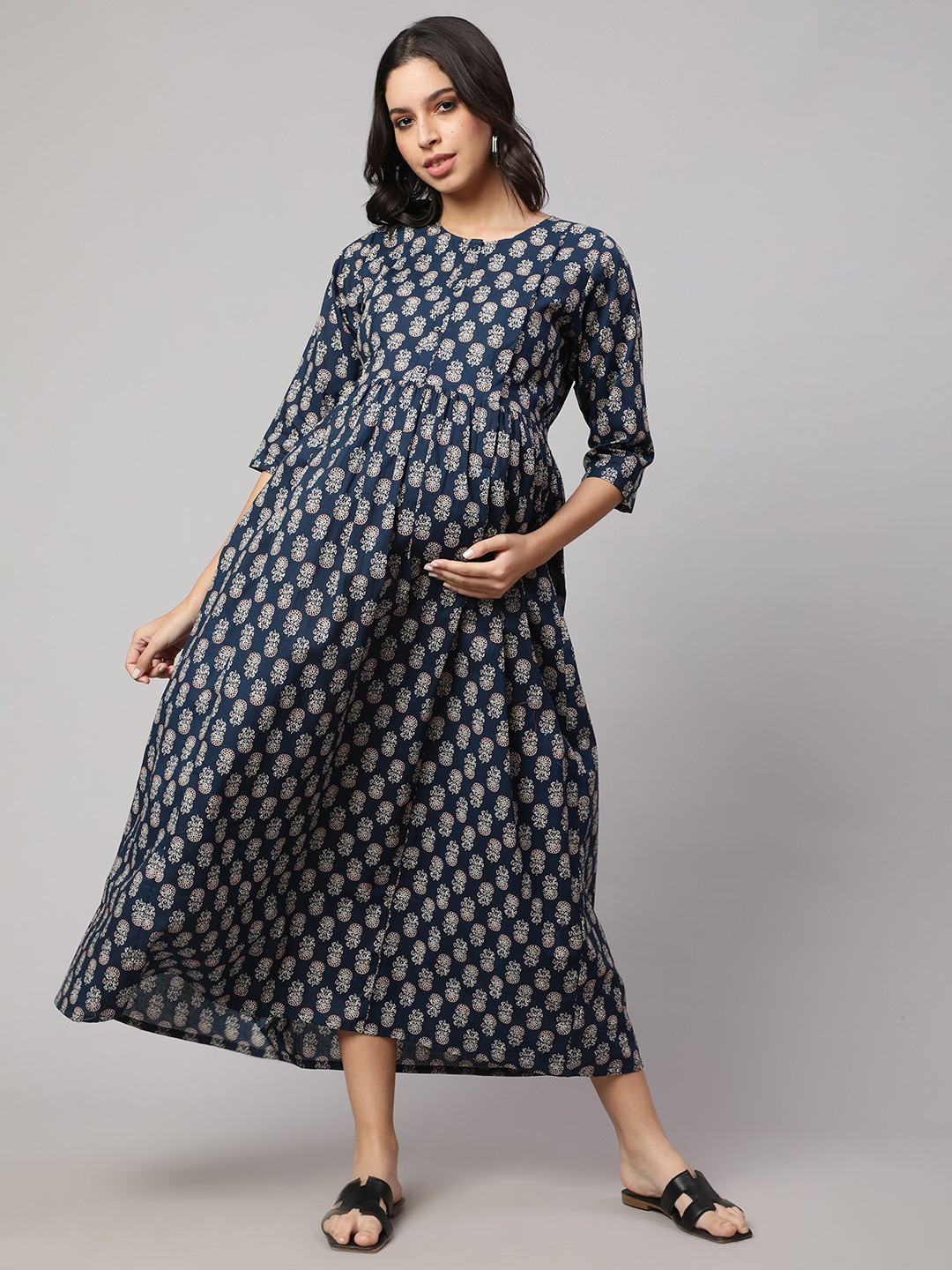 

Nayo Ethnic Motifs Printed Gathered Maternity Cotton Maxi Dress, Blue