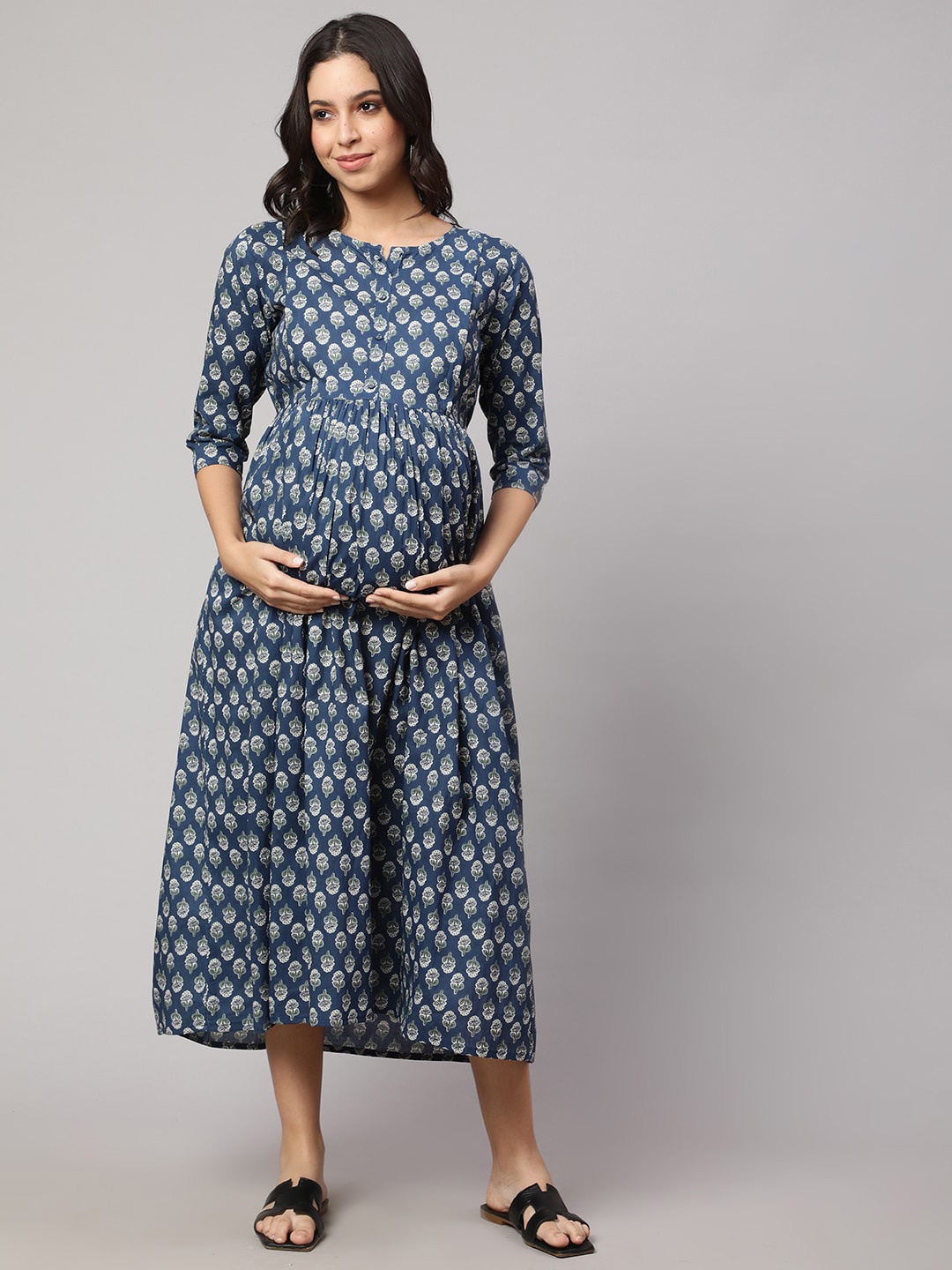 

Nayo Ethnic Motifs Printed Gathered Maternity Cotton Fit & Flare Midi Dress, Blue