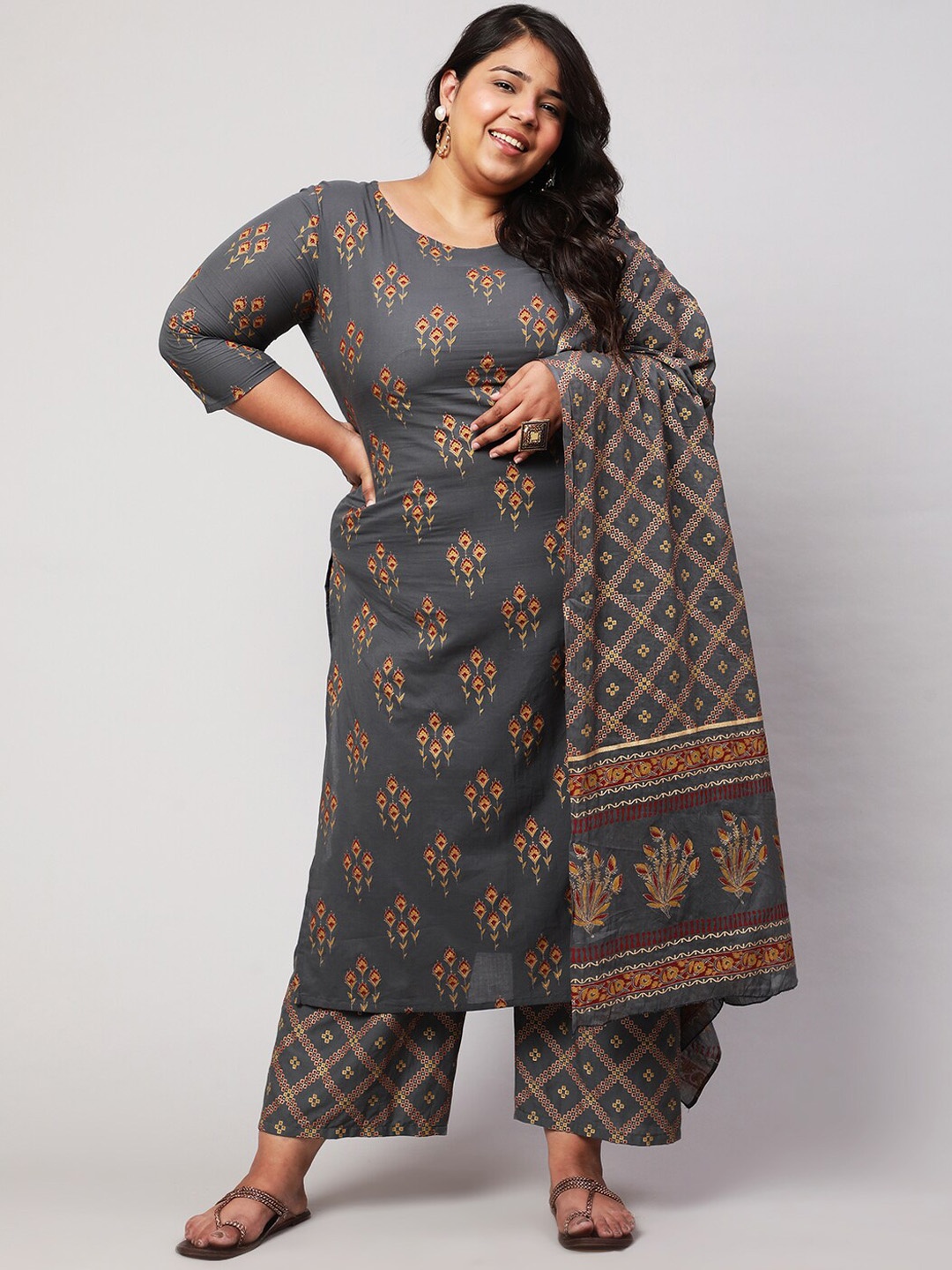 

Nayo Plus Size Ethnic Motifs Printed Regular Pure Cotton Kurta With Palazzos & Dupatta, Grey