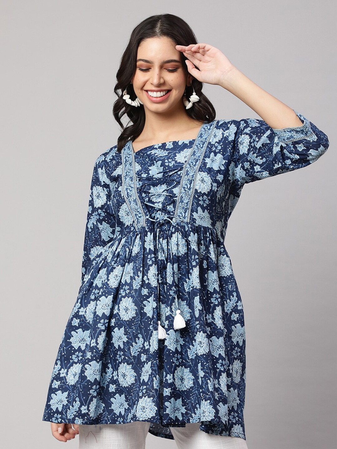 

Nayo Floral Printed Square Neck Cotton Tunic, Blue