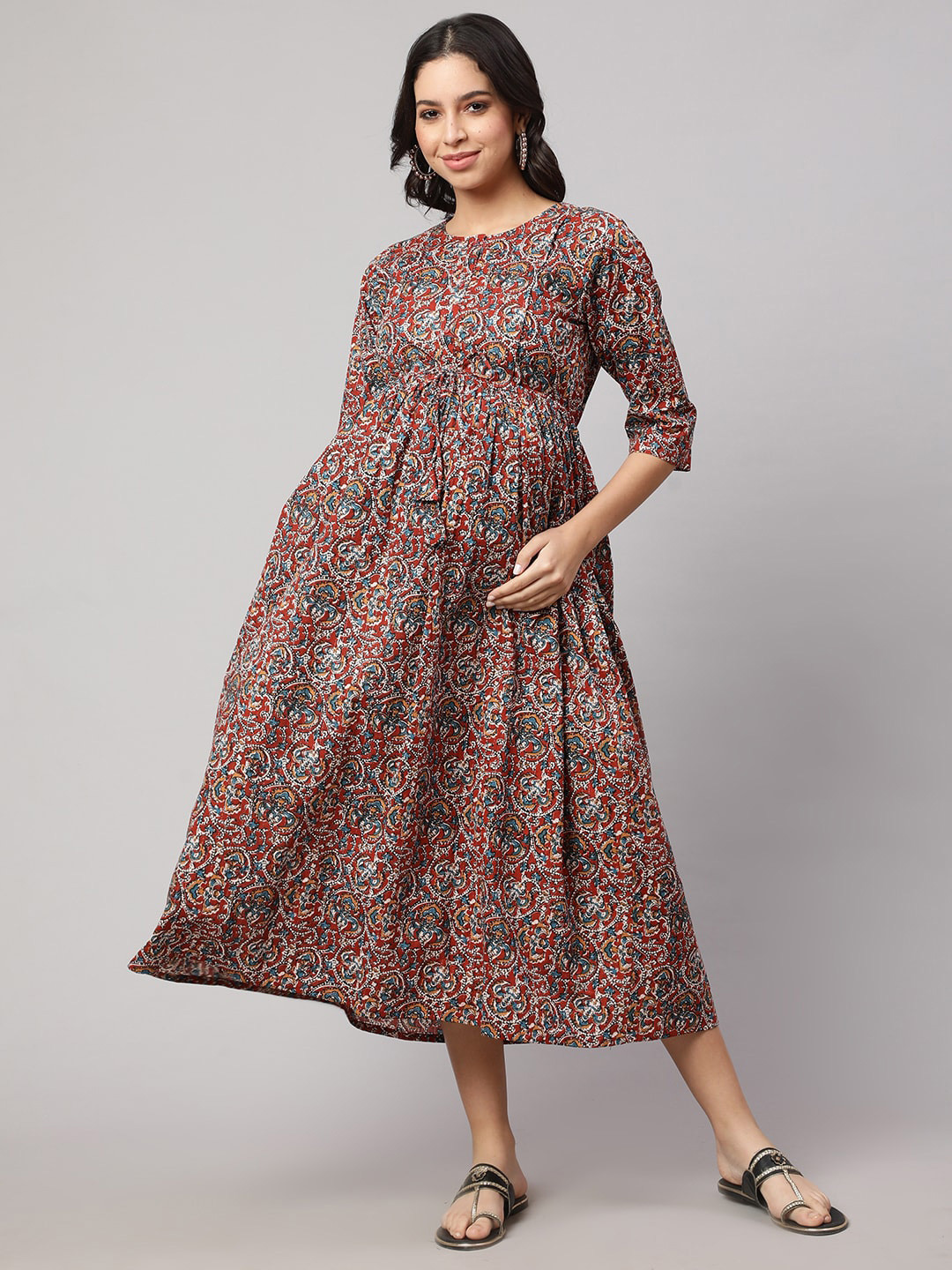

Nayo Floral Printed Gathered Maternity Cotton Fit & Flare Midi Dress, Multi