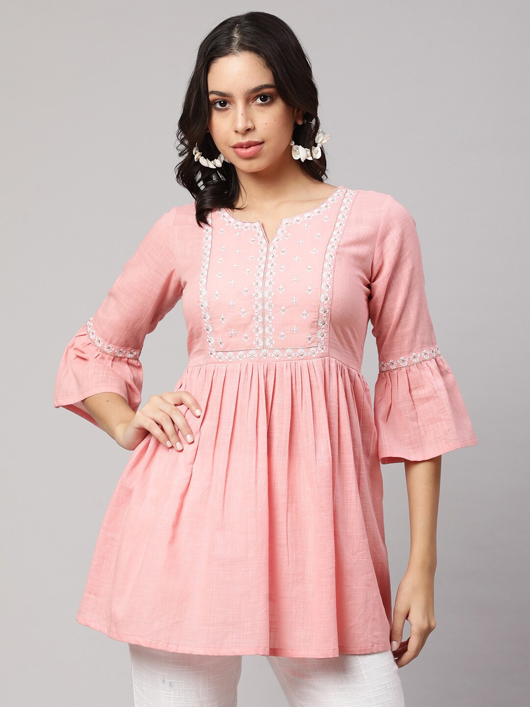 

Nayo Notched Neck Embroidered Cotton Tunic, Pink
