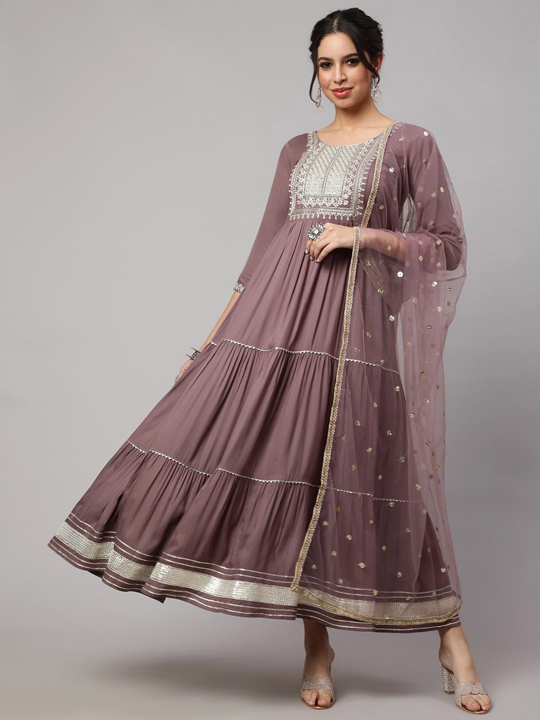 

Nayo Ethnic Motifs Embroidered Ethnic Fit & Flare Maxi Dress With Dupatta, Taupe