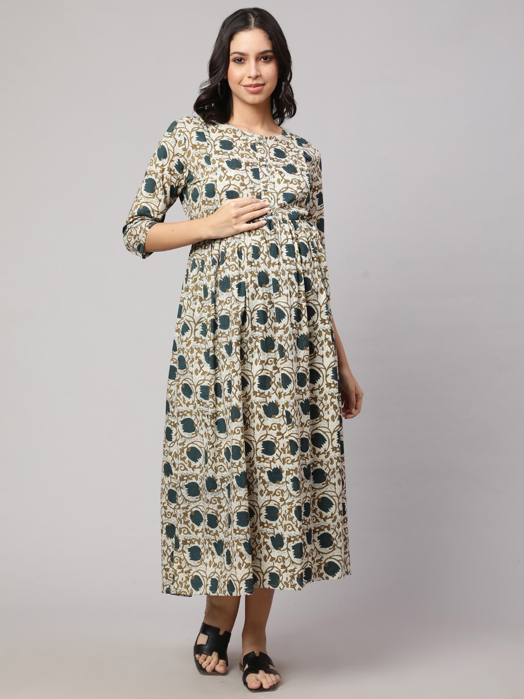 

Nayo Floral Printed Round Neck Cotton A-Line Maternity Midi Dress, Beige