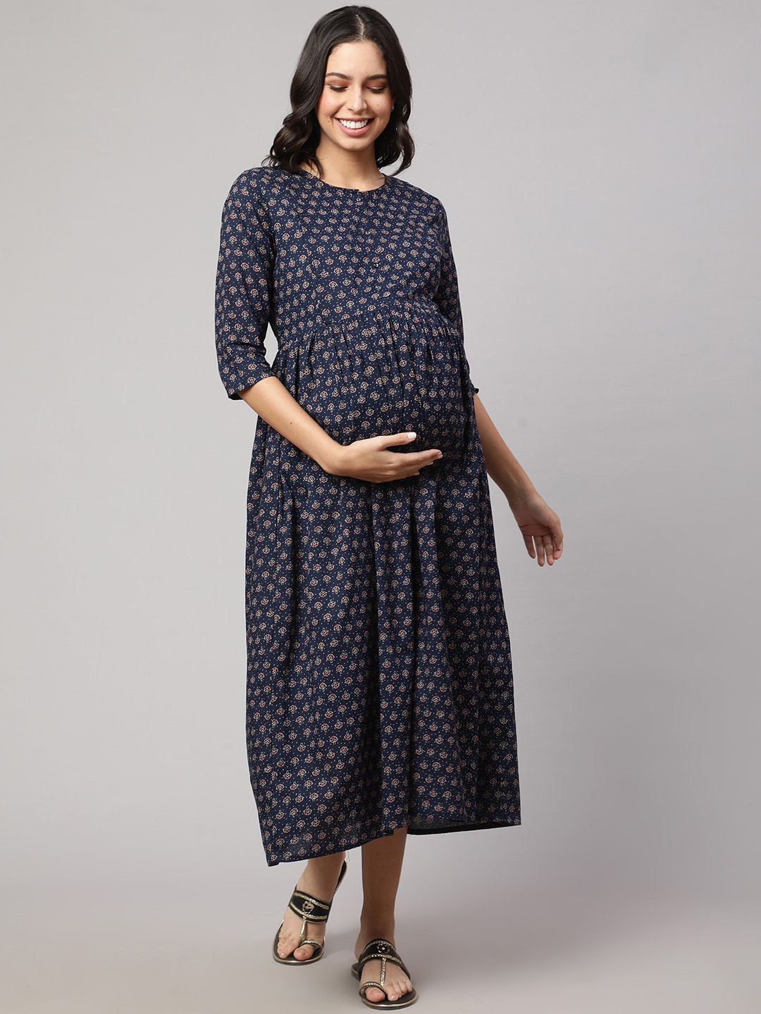 

Nayo Floral Printed Round Neck Cotton A-Line Maternity Midi Dress, Navy blue