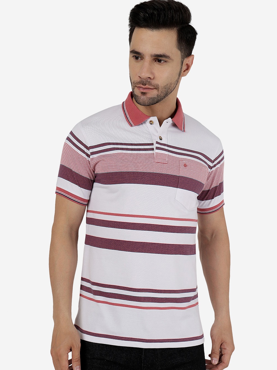 

Greenfibre Striped Polo Collar Cotton Slim Fit T-shirt, White