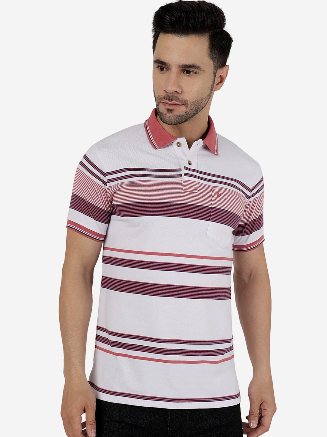 

Greenfibre Striped Polo Collar Cotton Slim Fit T-shirt, White