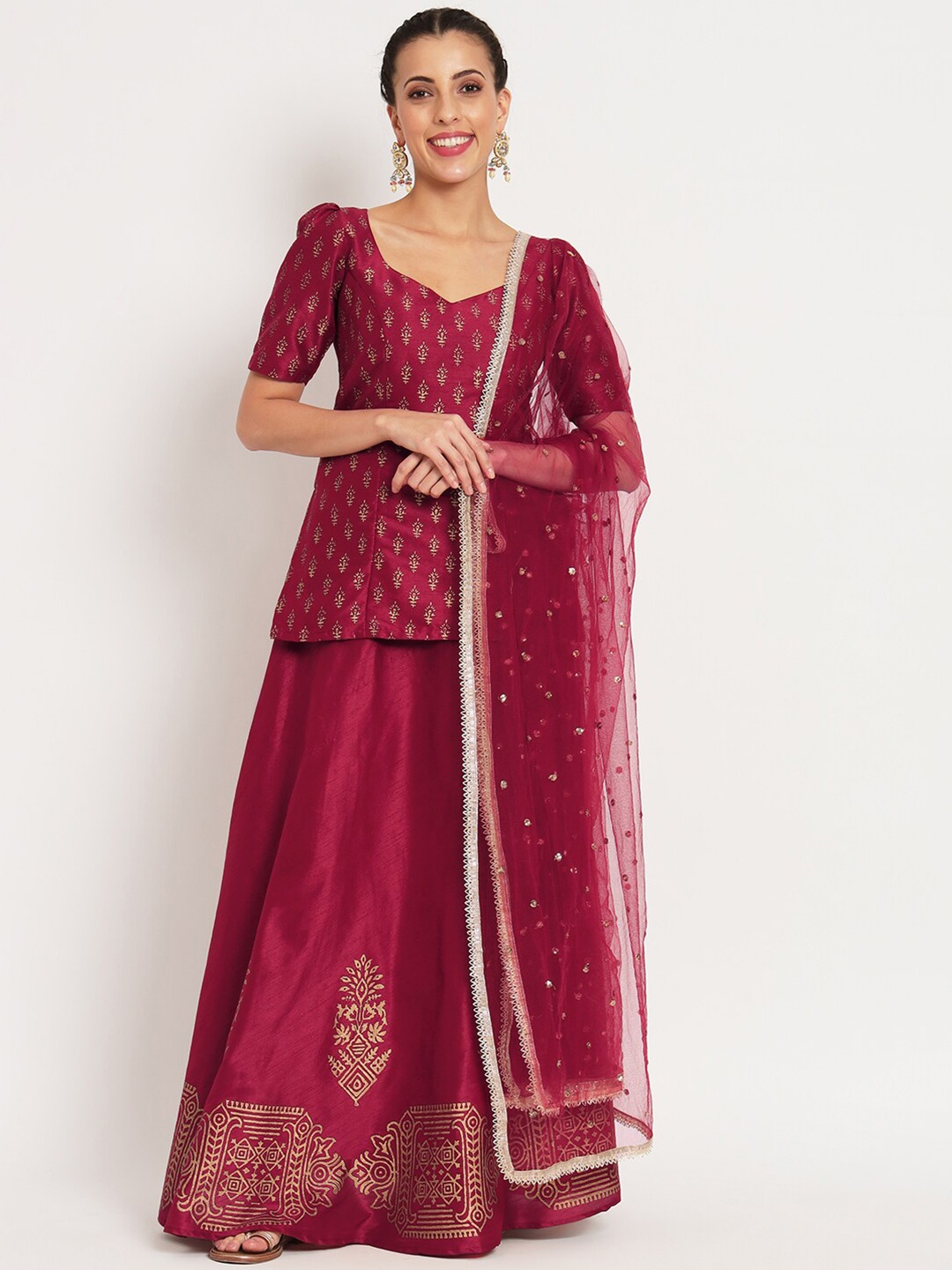 

studio rasa Printed Block Print Ready to Wear Lehenga & Blouse With Dupatta, Maroon