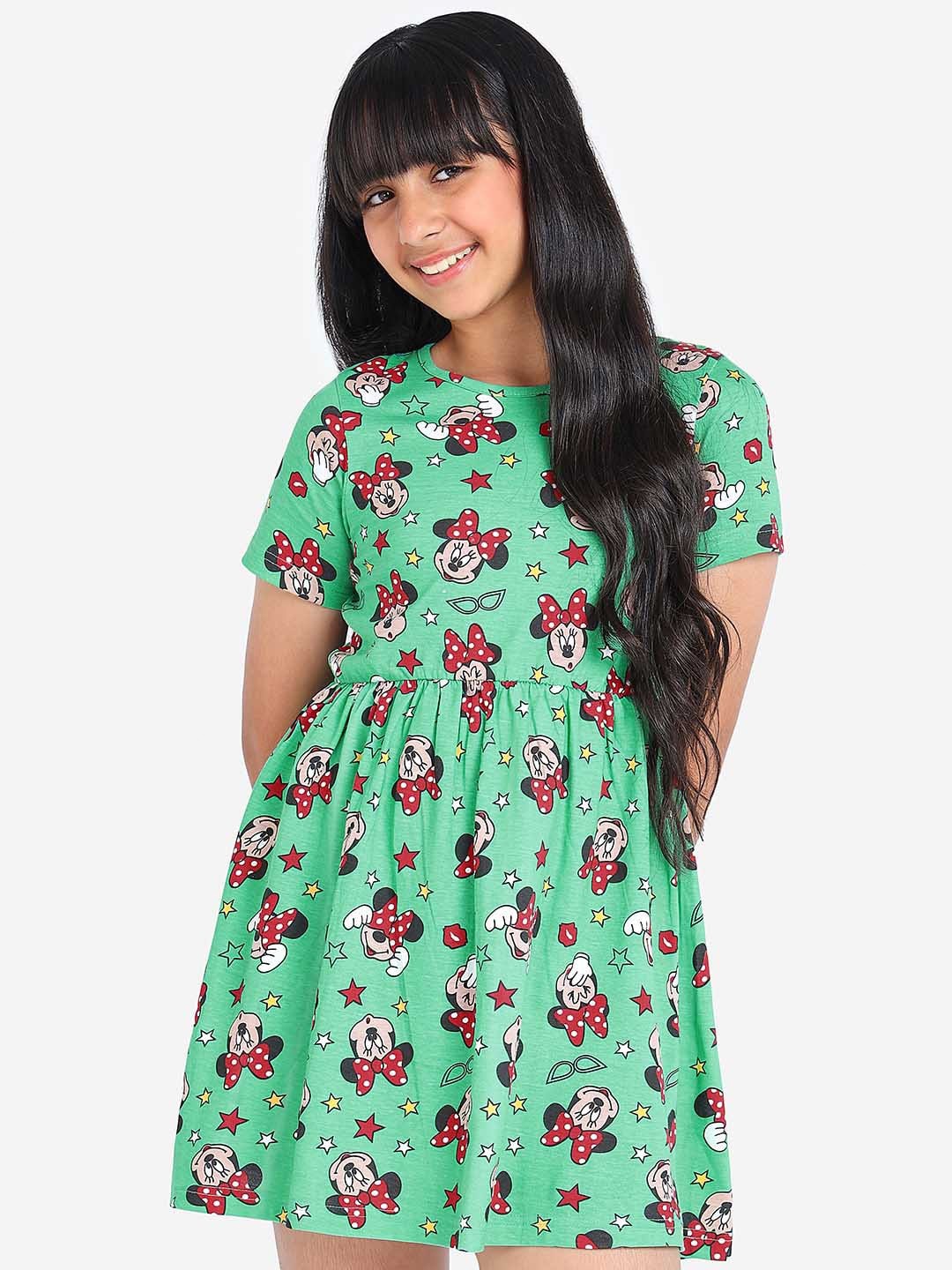 

BONKIDS Minnie Mouse Printed Cotton Mini Fit & Flare Dress, Green