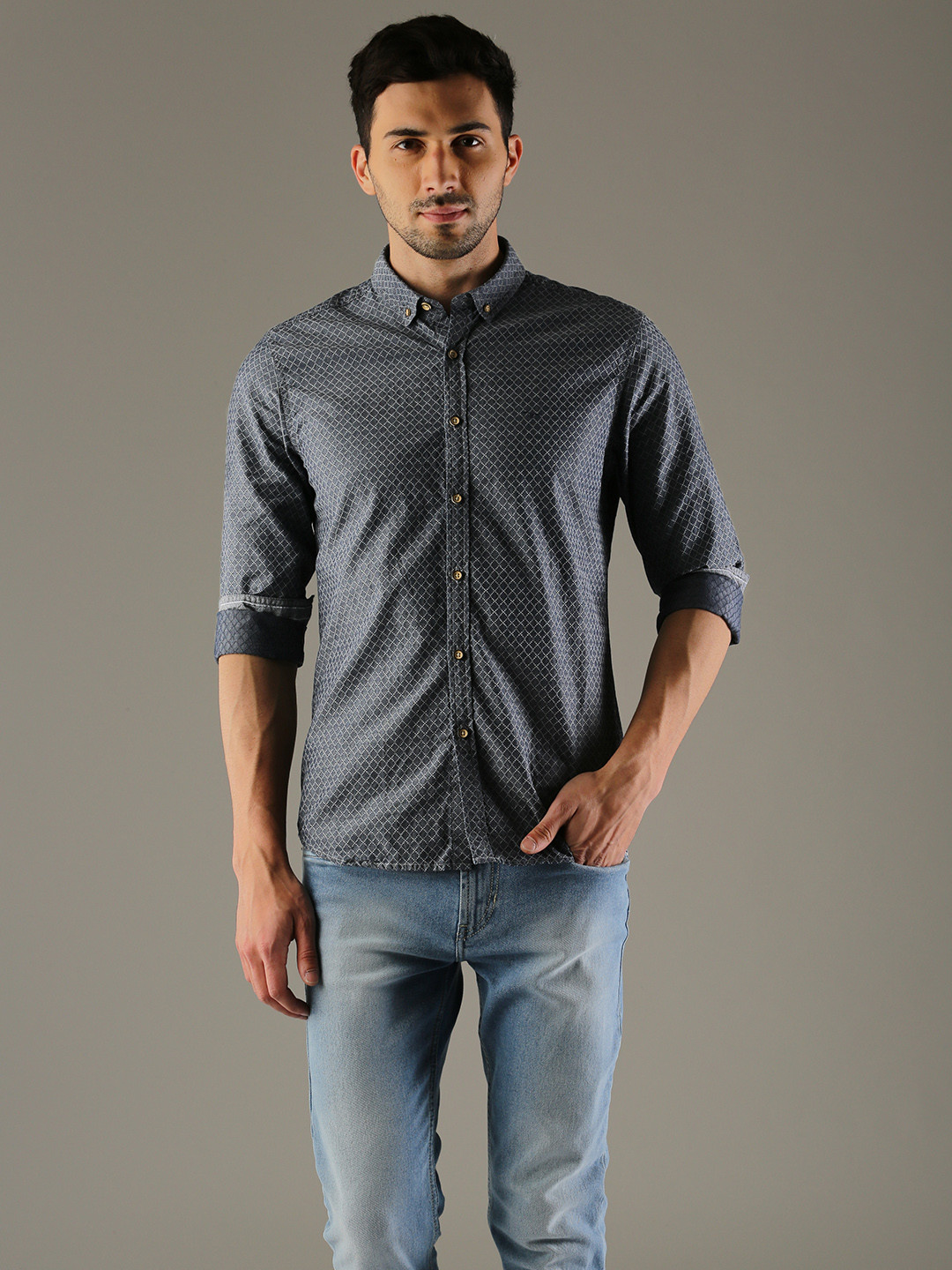 

Flying Machine Men Blue Classic Slim Fit Self Design Casual Shirt