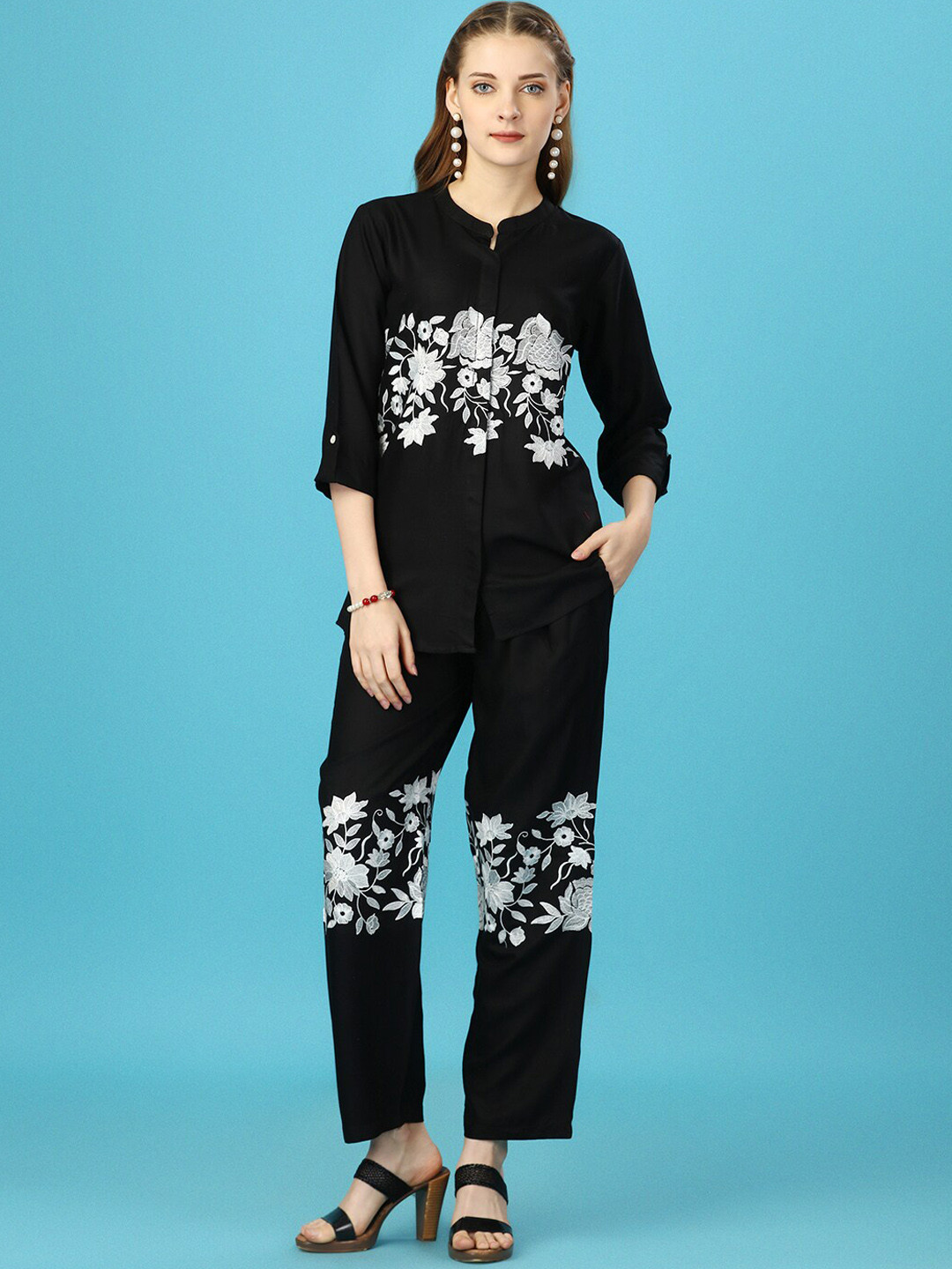 

Molly & Michel Floral Embroidered Top With Trousers, Black