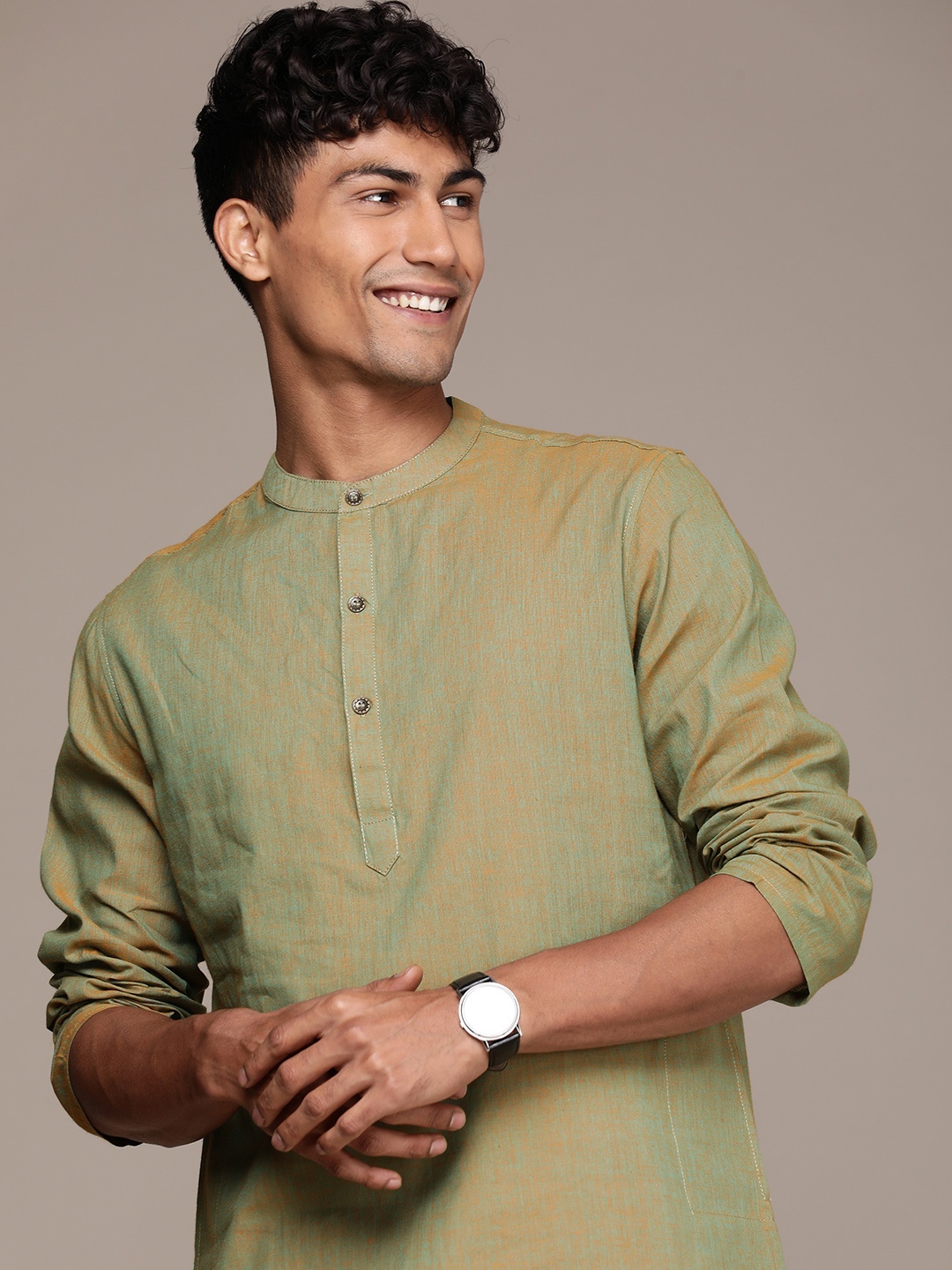 

House of Pataudi Men Regular Pure Cotton Rozana Kurta With Trousers, Olive