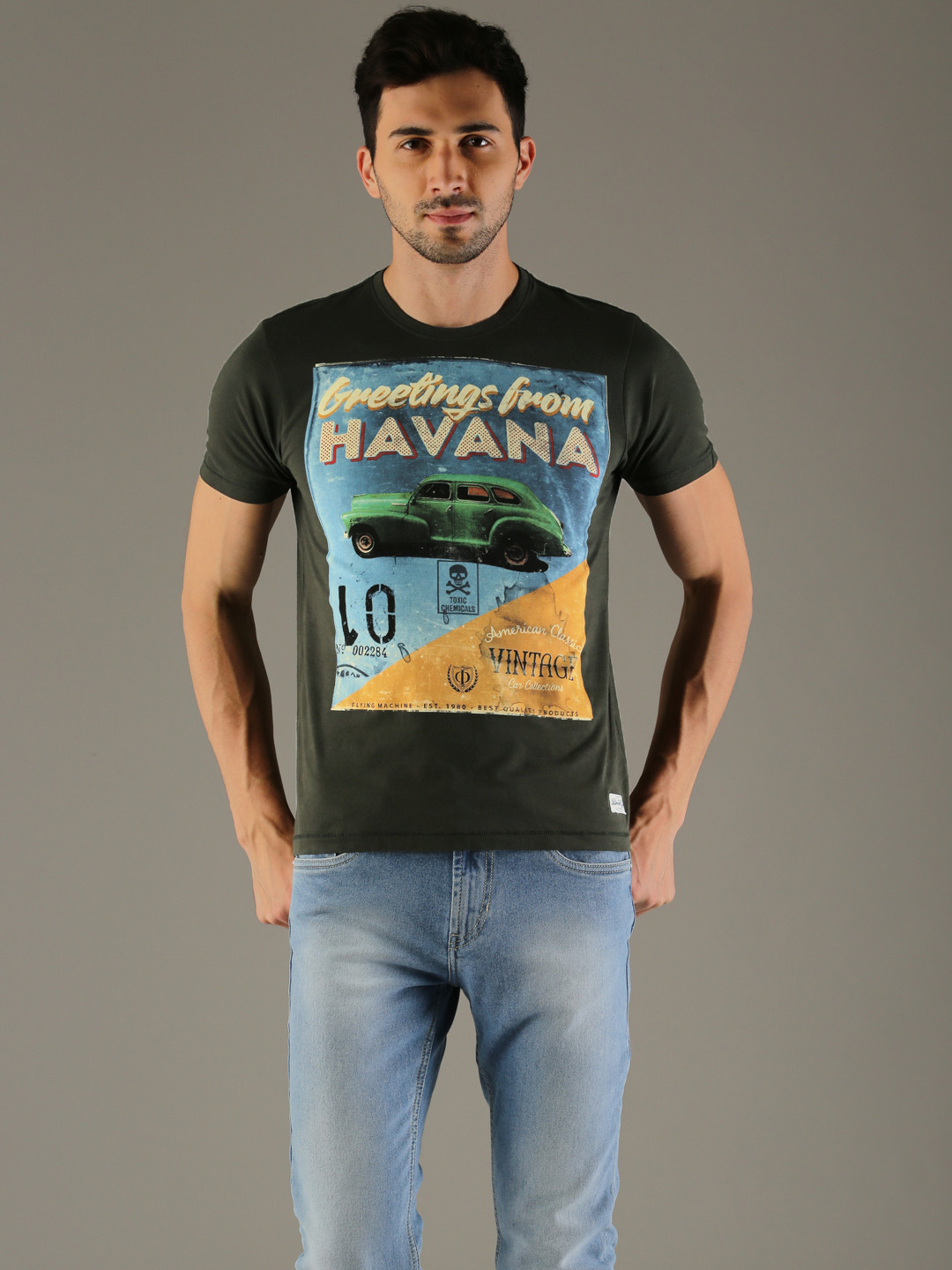 

Flying Machine Men Olive Green Printed Round Neck Pure Cotton T-shirt