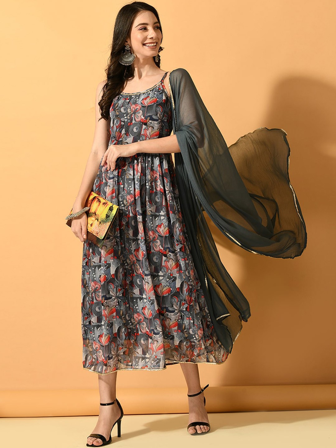 

Sangria Floral Printed Fit and Flare Midi Ethnic Dress With Dupatta, Grey
