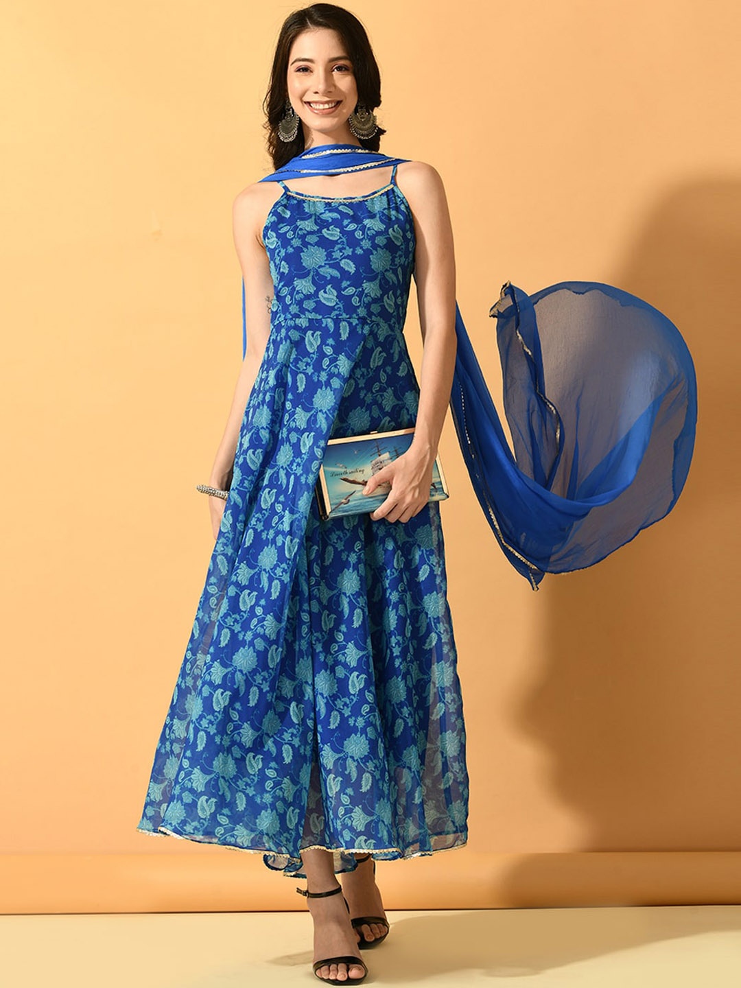 

Sangria Floral Printed Fit & Flare Midi Ethnic Dress With Dupatta, Blue