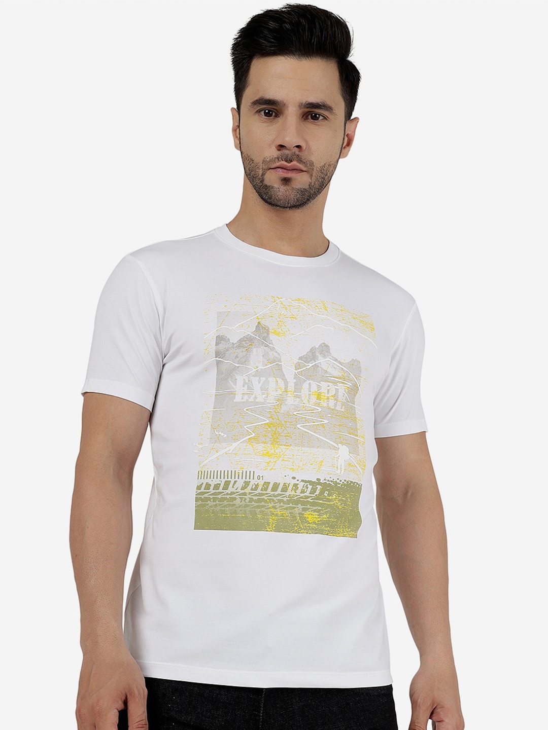 

JADE BLUE Graphic Printed Pure Cotton Slim Fit T-shirt, White