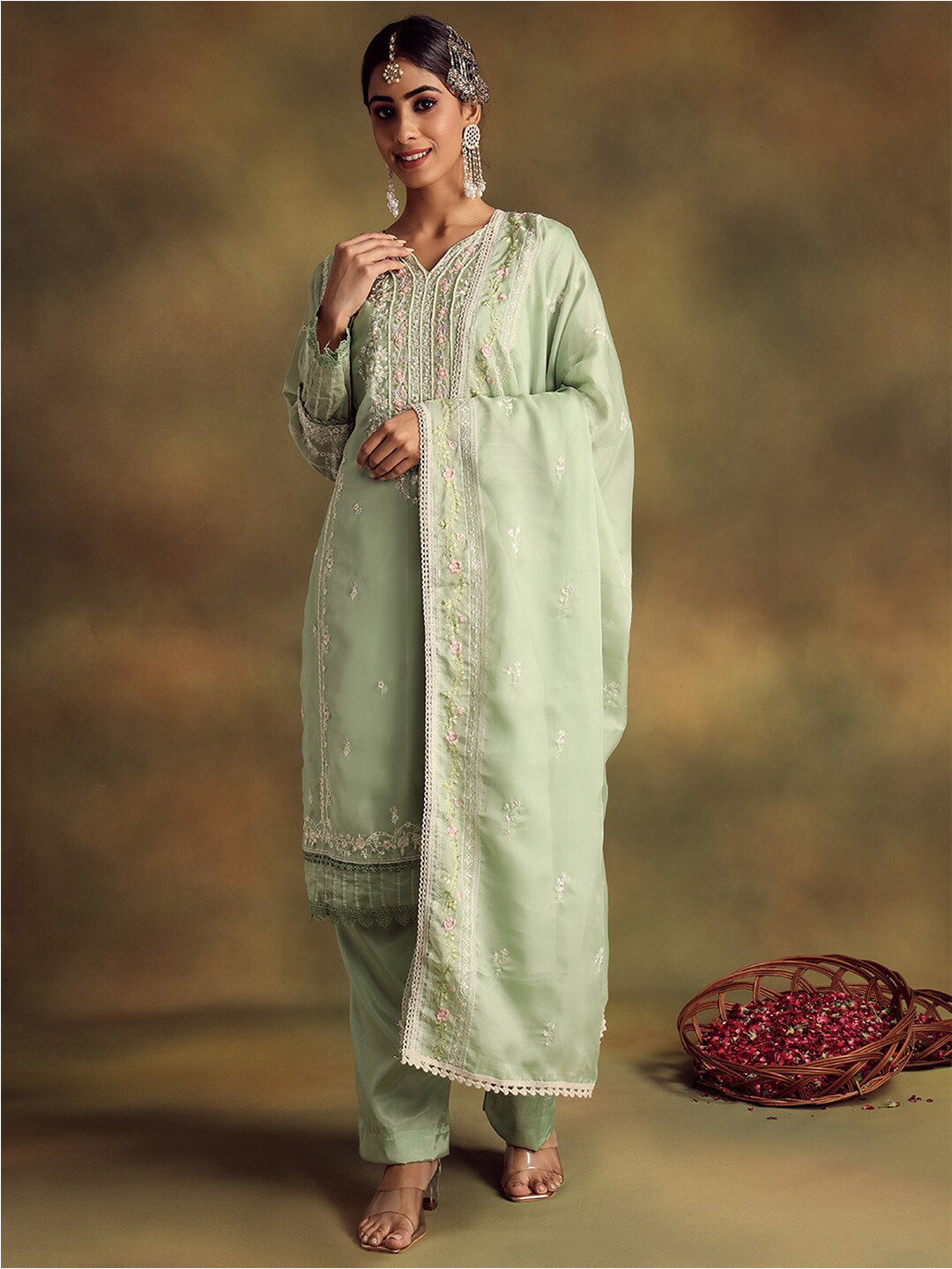 

Readiprint Fashions Floral Embroidered Organza Unstitched Dress Material, Green
