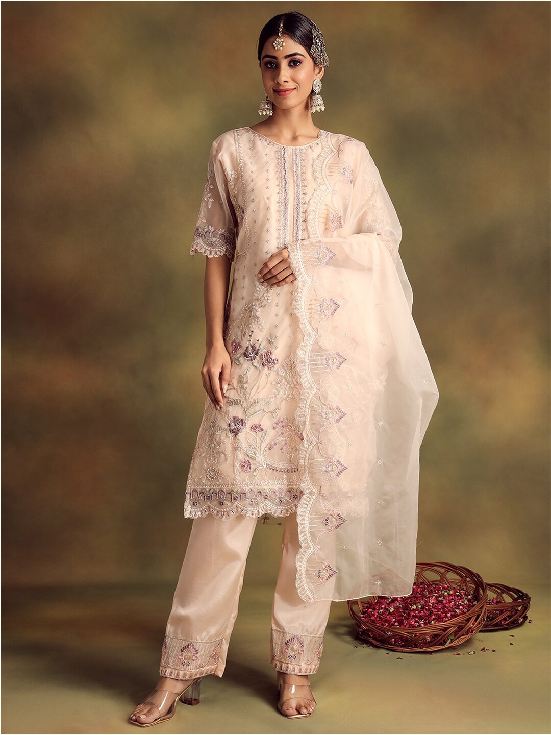

Readiprint Fashions Floral Embroidered Organza Unstitched Dress Material, Peach
